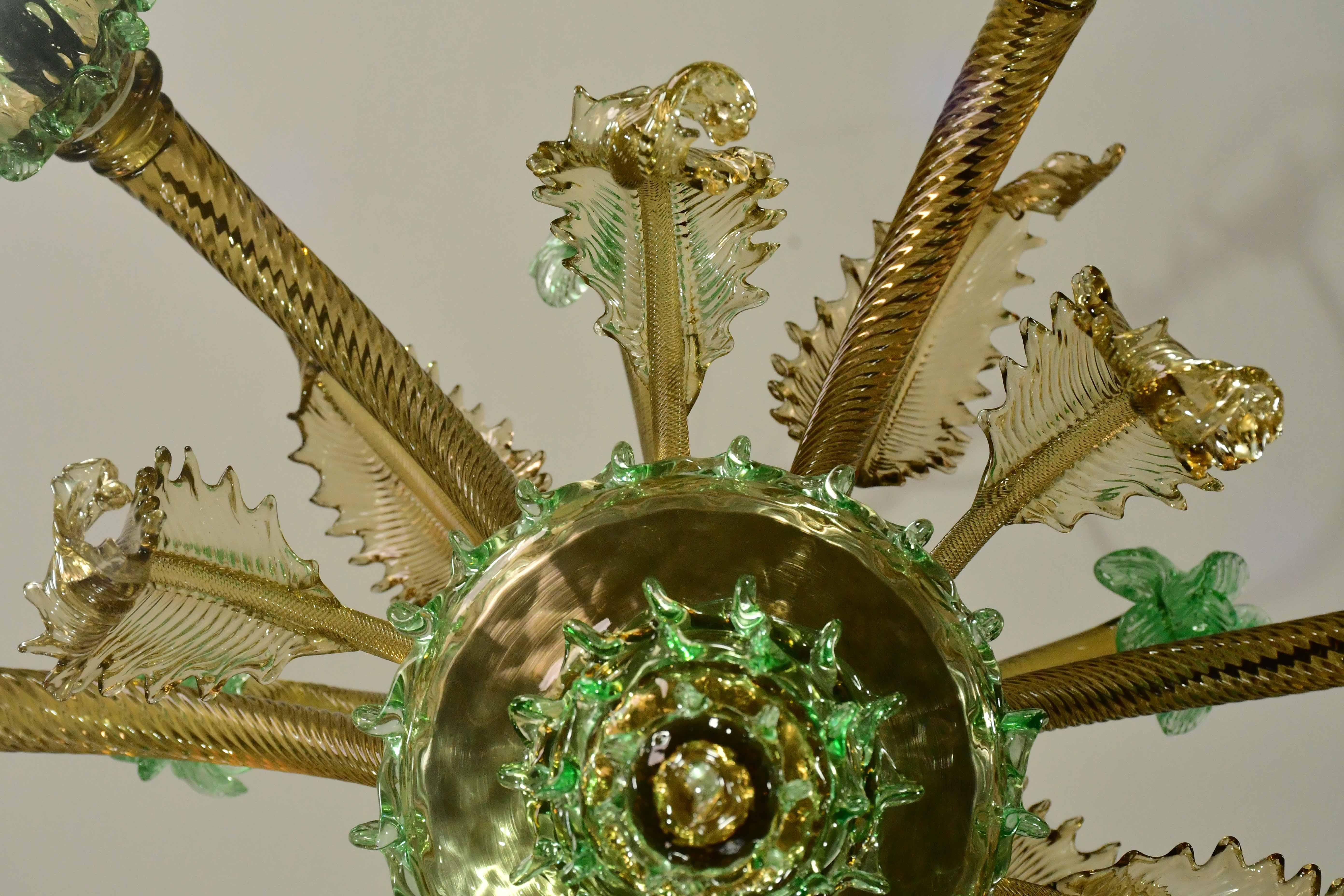 Charmant lustre vénitien vintage à 6 branches, verre de Murano vert, années 1950 en vente 5