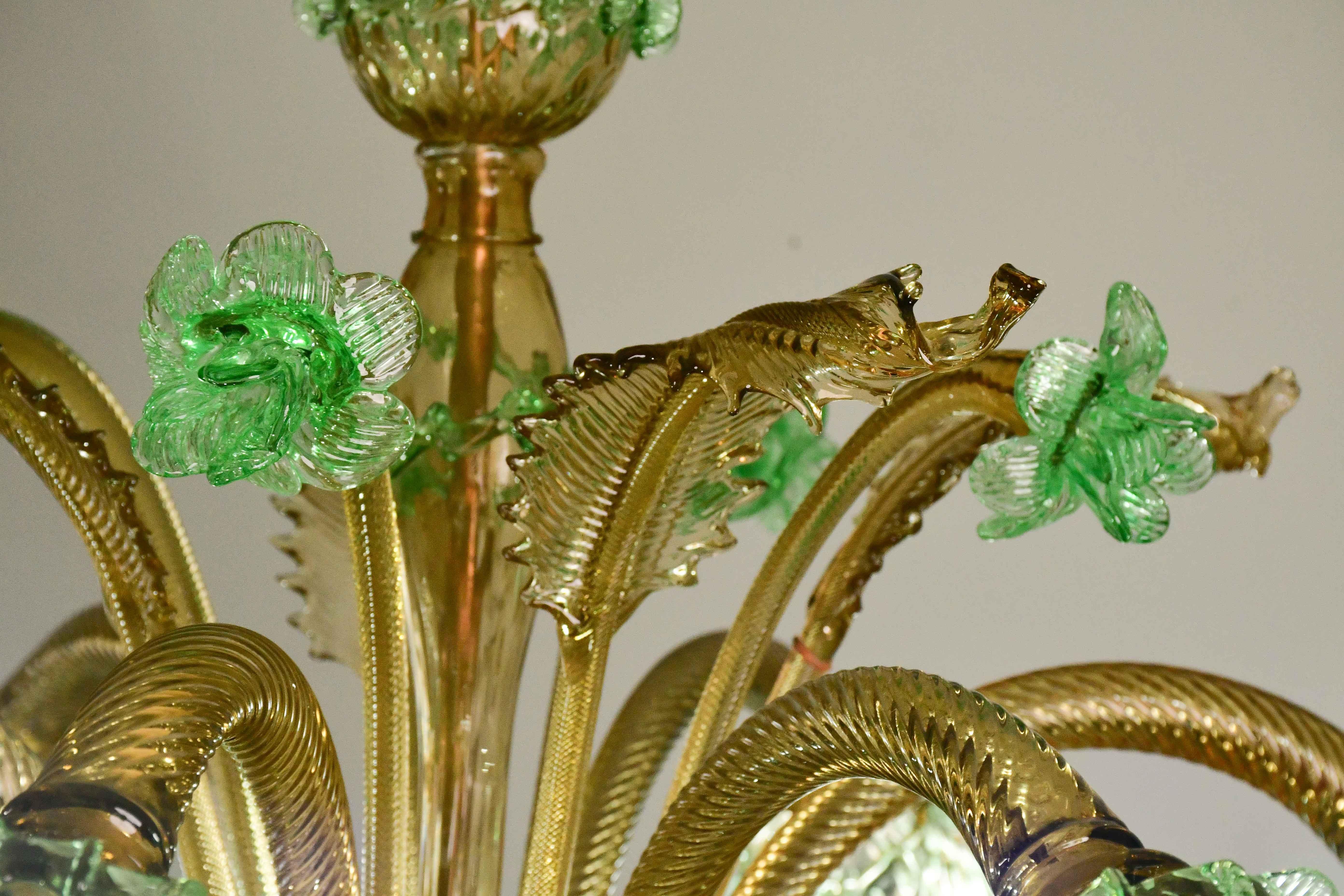 Charmant lustre vénitien vintage à 6 branches, verre de Murano vert, années 1950 en vente 7