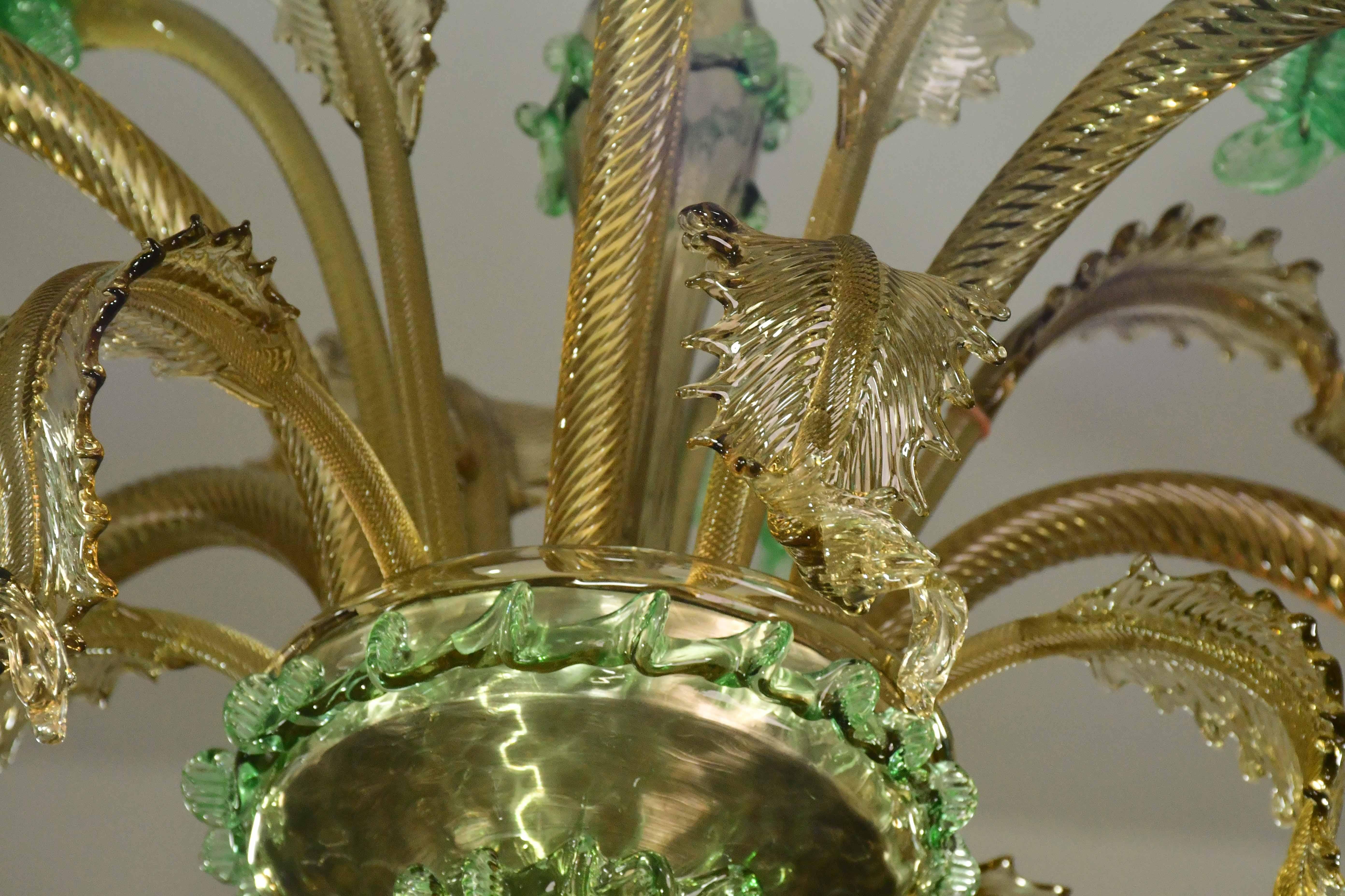 Charmant lustre vénitien vintage à 6 branches, verre de Murano vert, années 1950 en vente 1