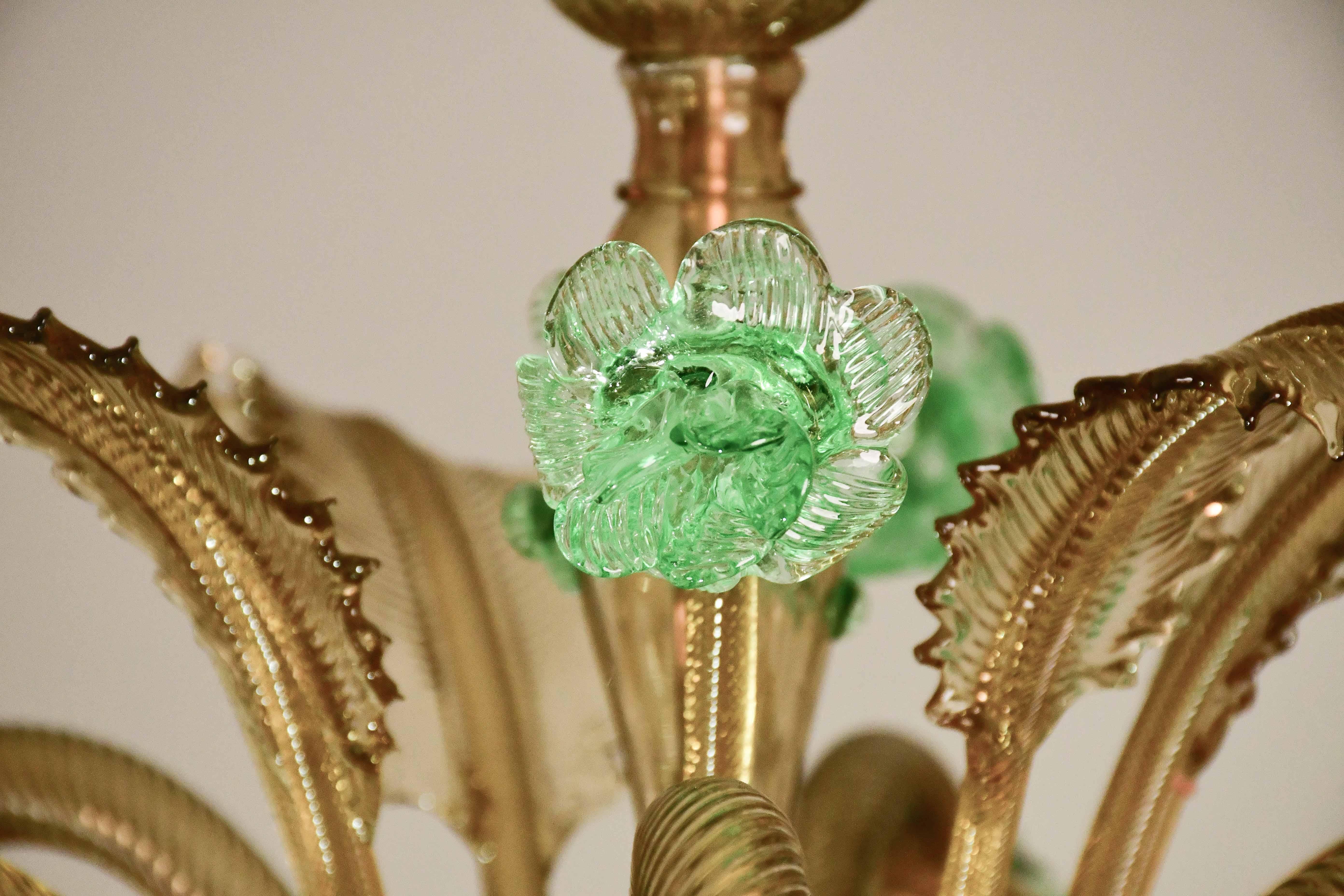 Charmant lustre vénitien vintage à 6 branches, verre de Murano vert, années 1950 en vente 3