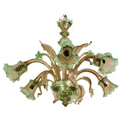 Charming 6 Arms Vintage Venetian Chandelier, Green Murano Glass, 1950s