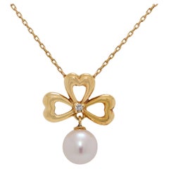 Charming Akoya Pearl and 0.003ct Natural Diamond Necklace in 18K Yellow Gold