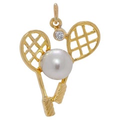Charming Akoya Pearl & Natural Diamond 18K Yellow Gold Tennis Racket Pendant