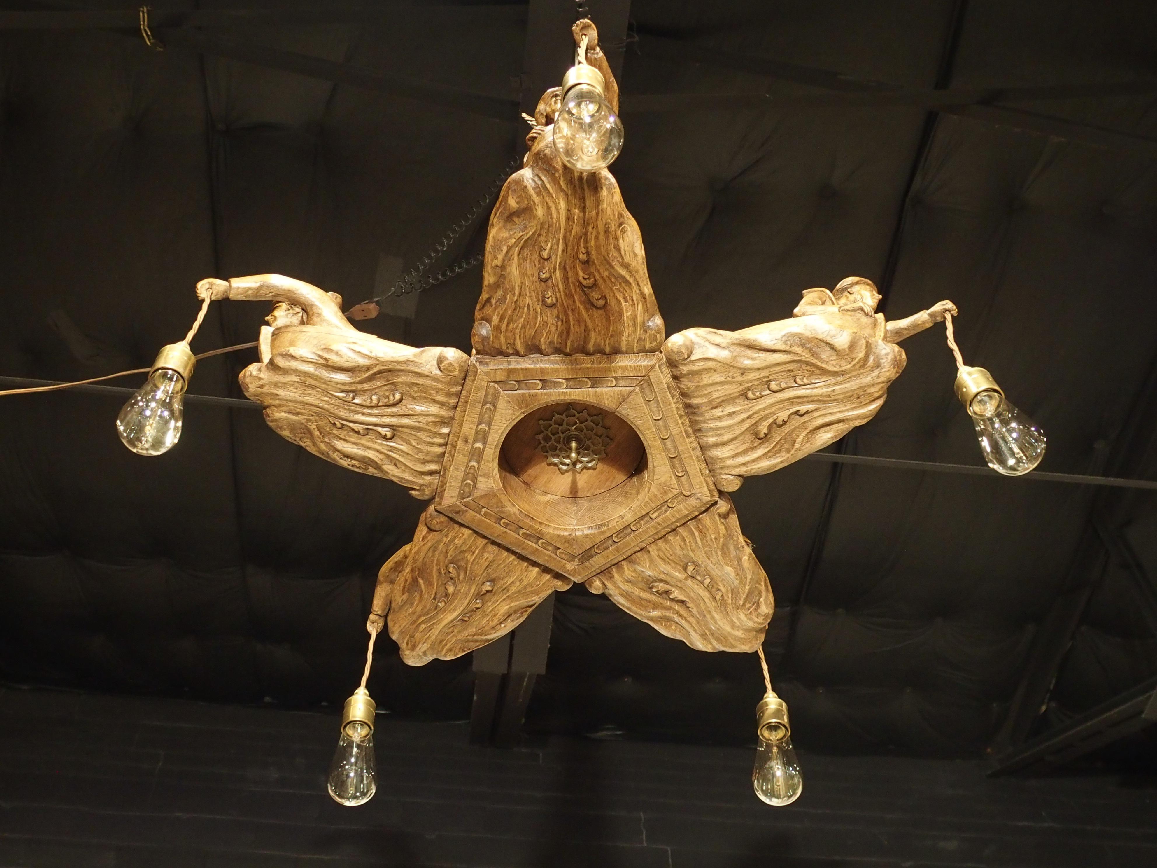 Charming and Unusual Oak 'Lost Fishermen' Chandelier from St. Malo, Brittany 5