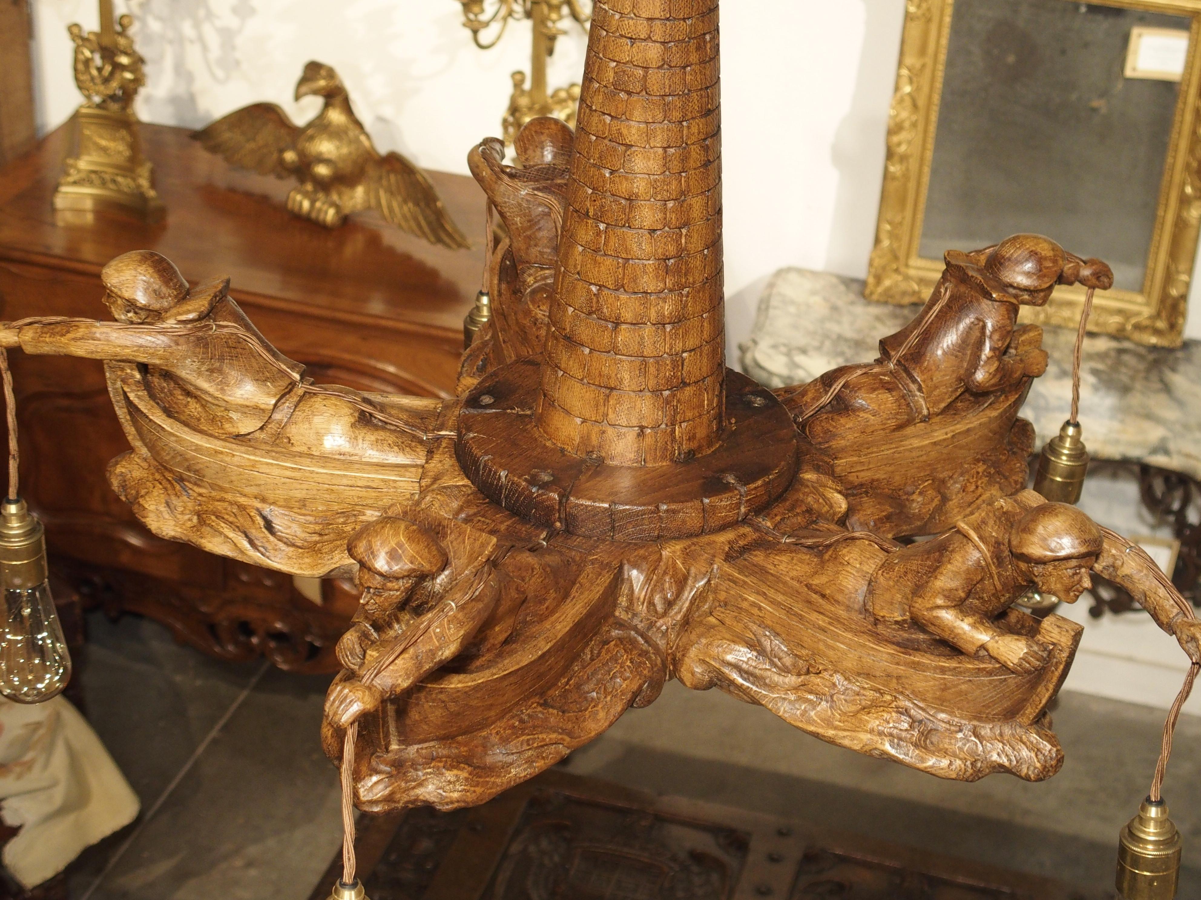 Charming and Unusual Oak 'Lost Fishermen' Chandelier from St. Malo, Brittany 8