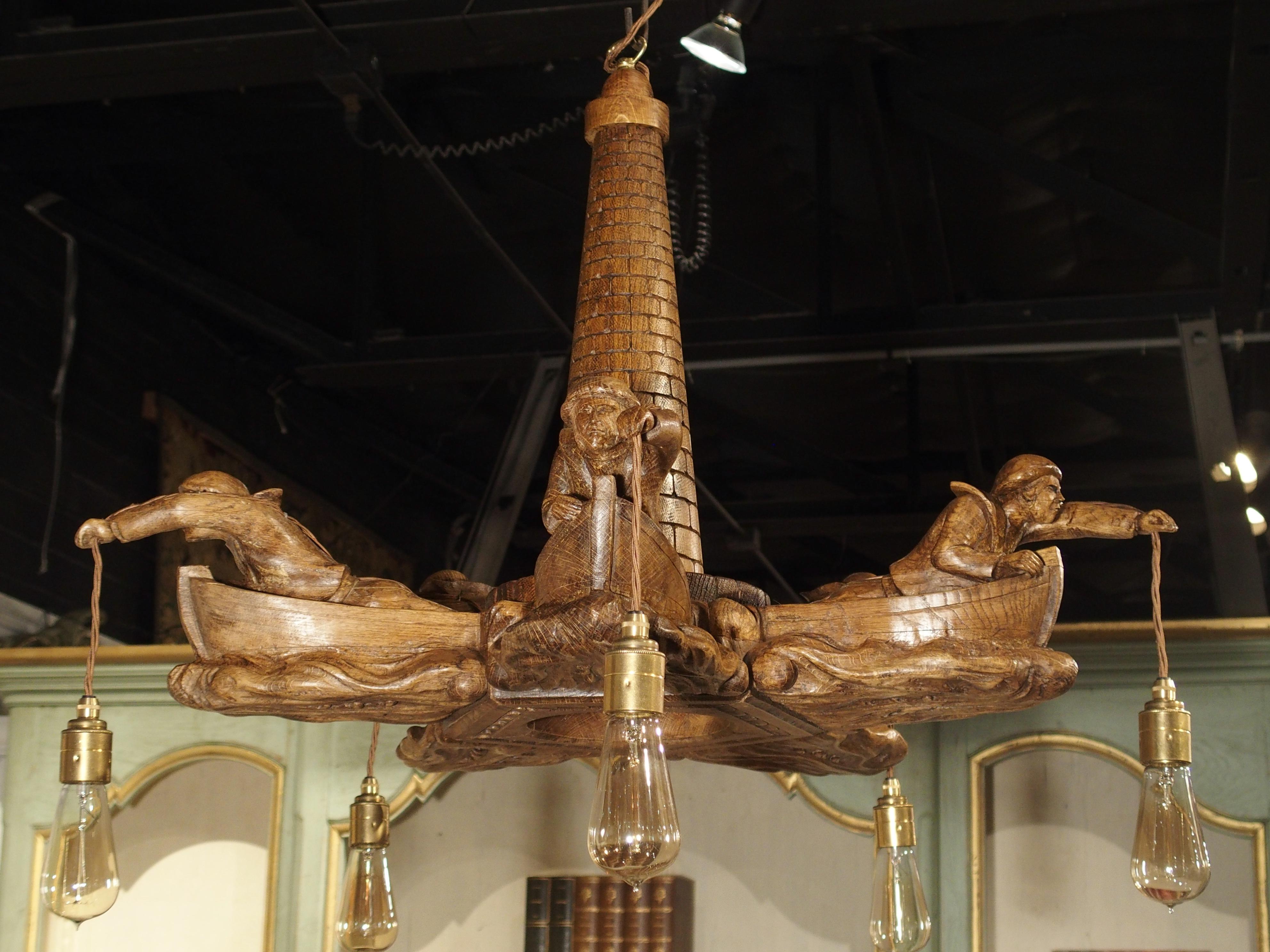 Charming and Unusual Oak 'Lost Fishermen' Chandelier from St. Malo, Brittany 11