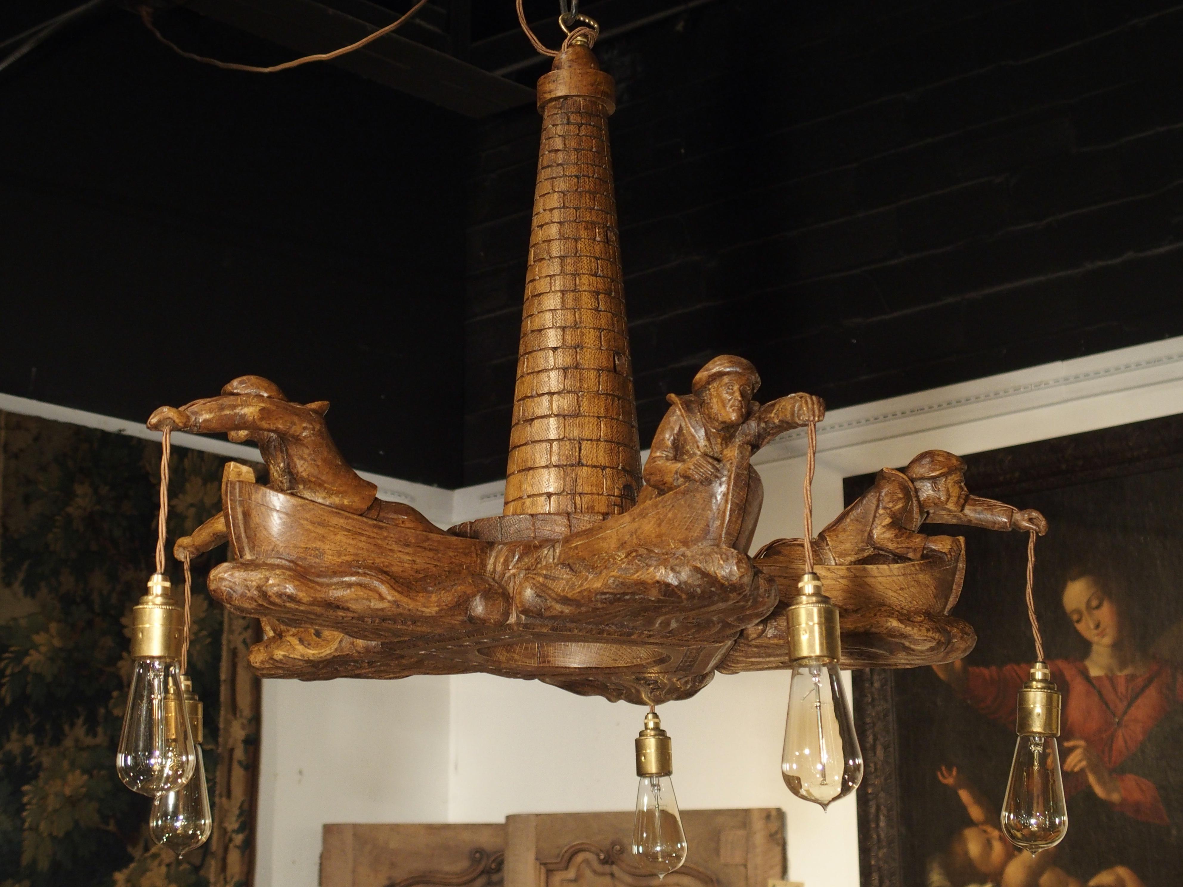 Charming and Unusual Oak 'Lost Fishermen' Chandelier from St. Malo, Brittany 12