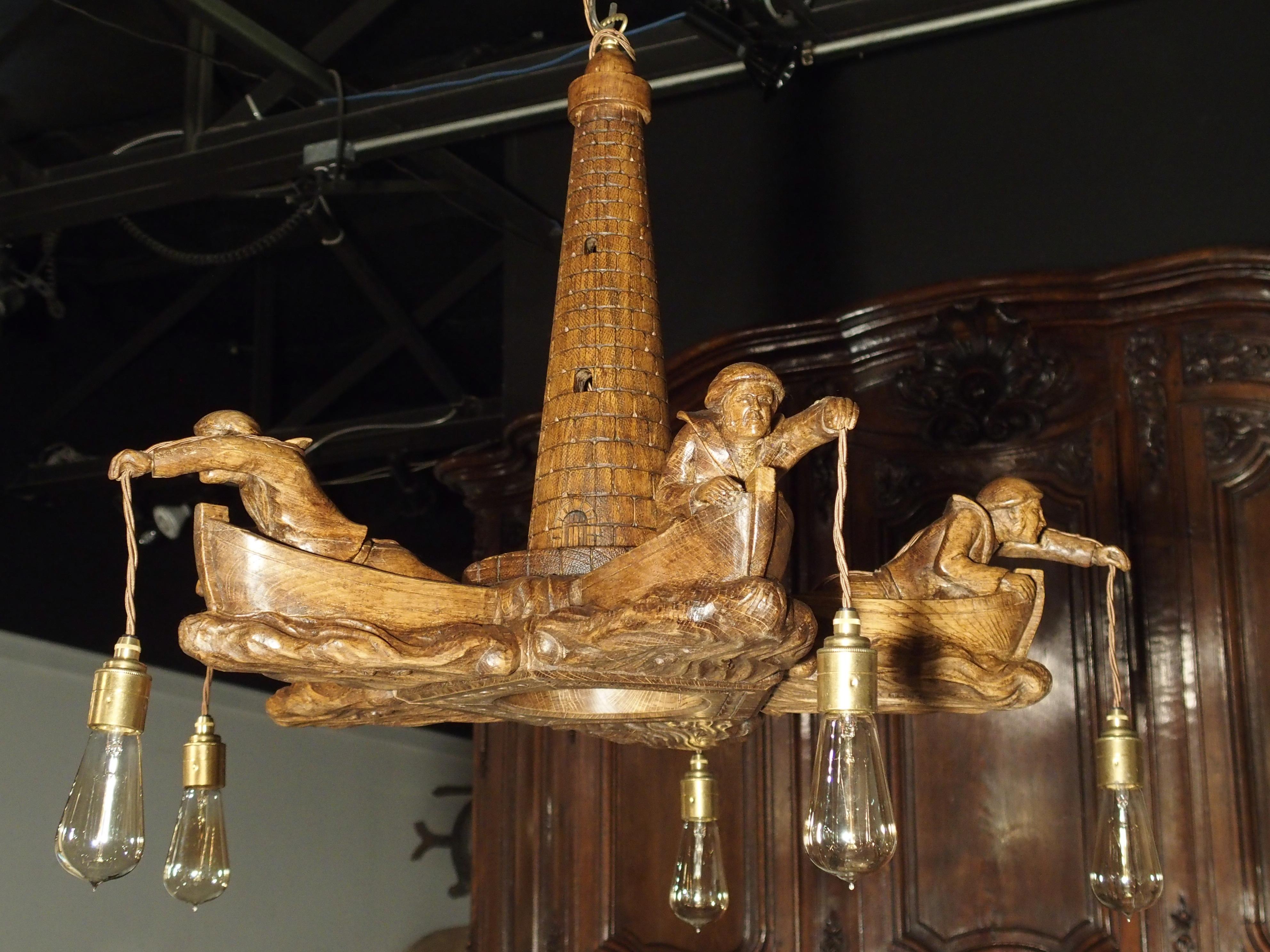 French Charming and Unusual Oak 'Lost Fishermen' Chandelier from St. Malo, Brittany