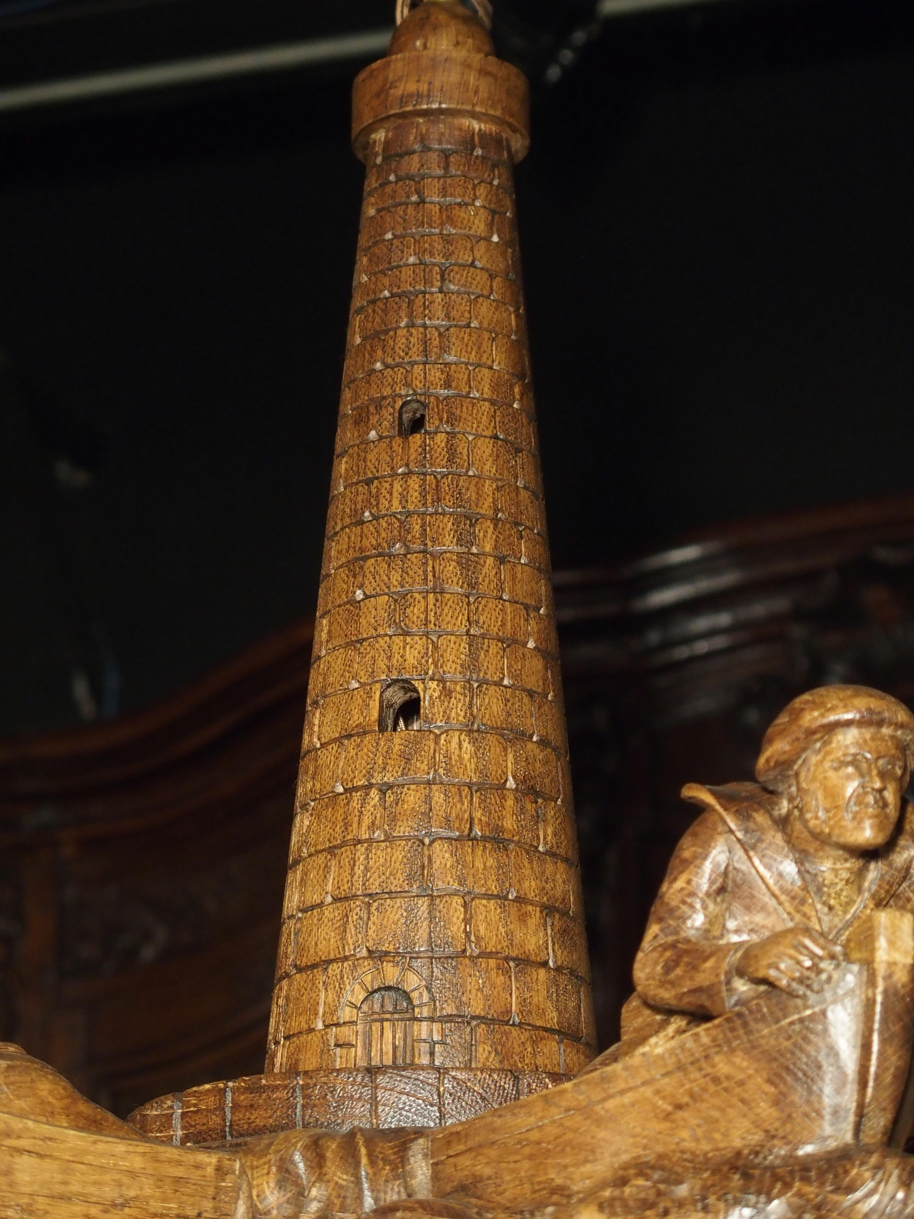 Hand-Carved Charming and Unusual Oak 'Lost Fishermen' Chandelier from St. Malo, Brittany