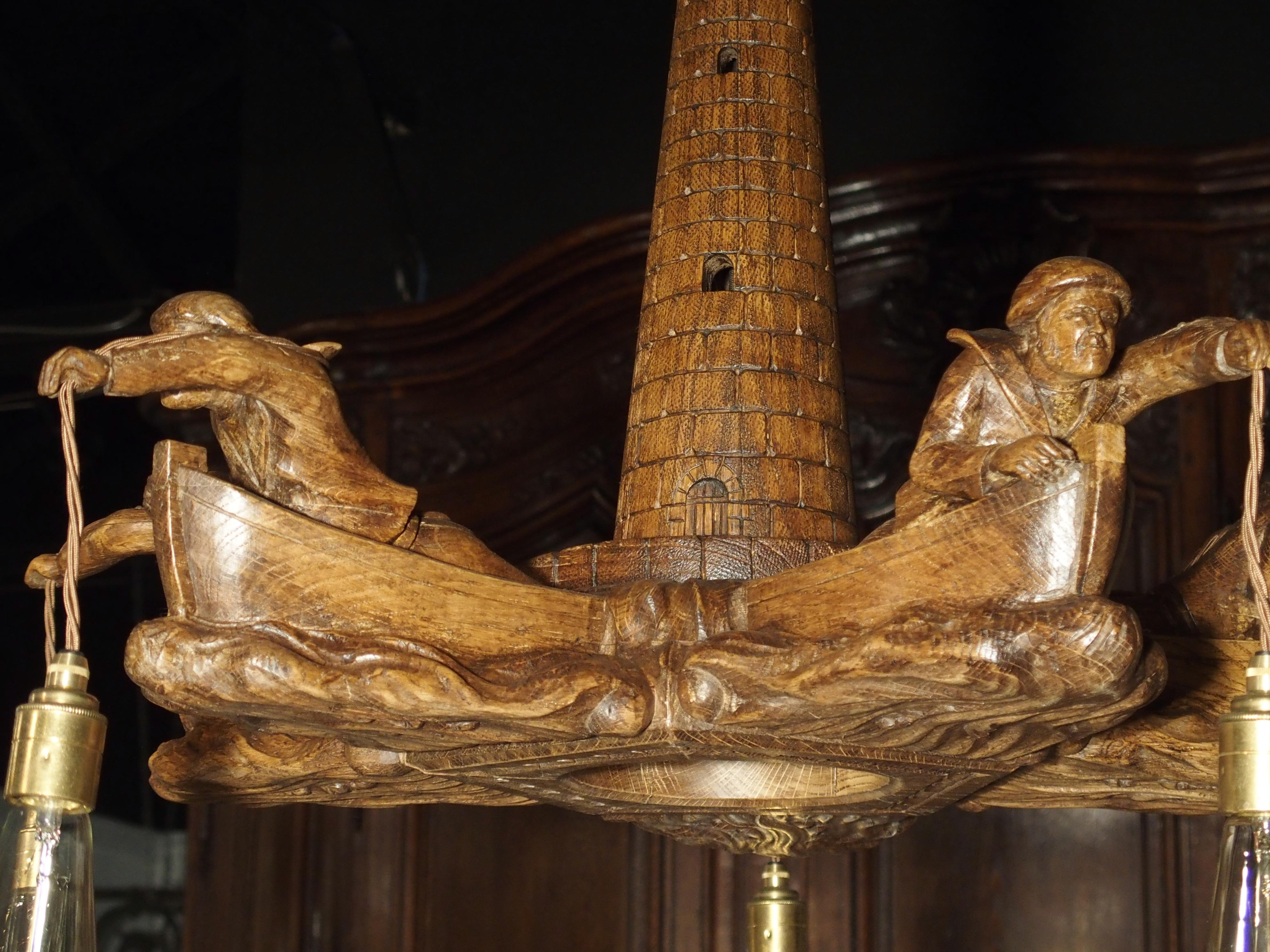 Charming and Unusual Oak 'Lost Fishermen' Chandelier from St. Malo, Brittany In Good Condition In Dallas, TX