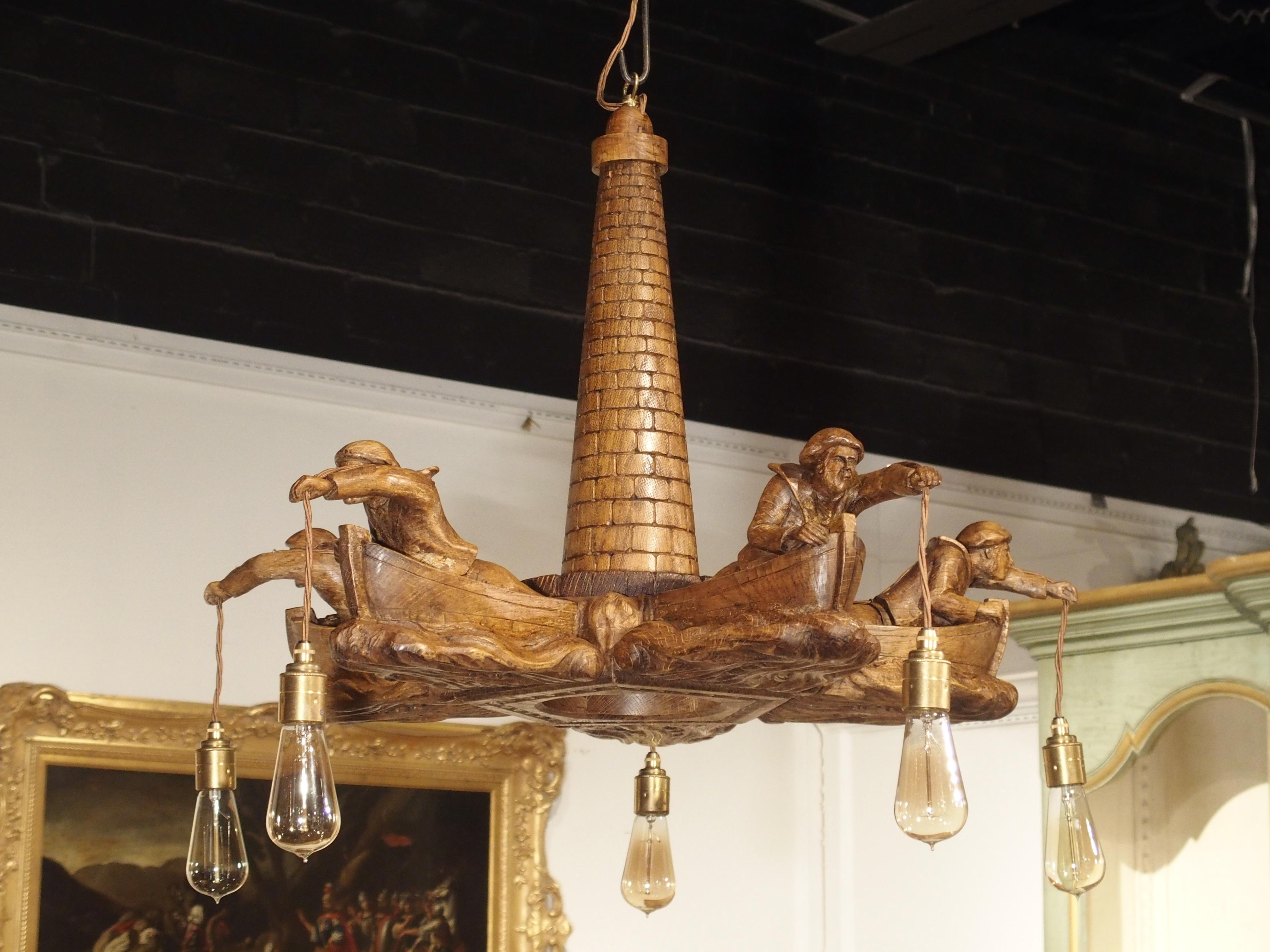 Charming and Unusual Oak 'Lost Fishermen' Chandelier from St. Malo, Brittany 1