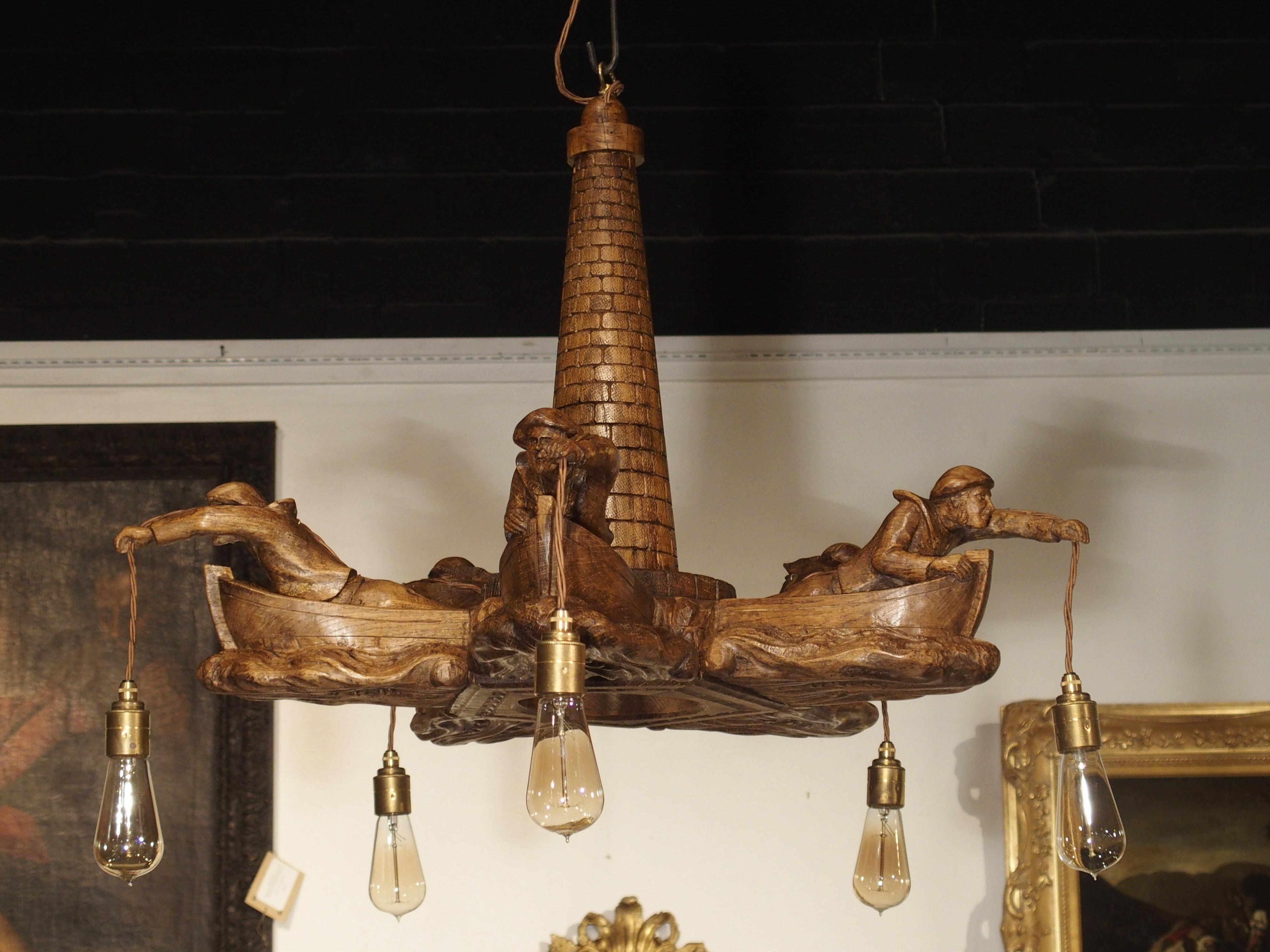 Charming and Unusual Oak 'Lost Fishermen' Chandelier from St. Malo, Brittany 2