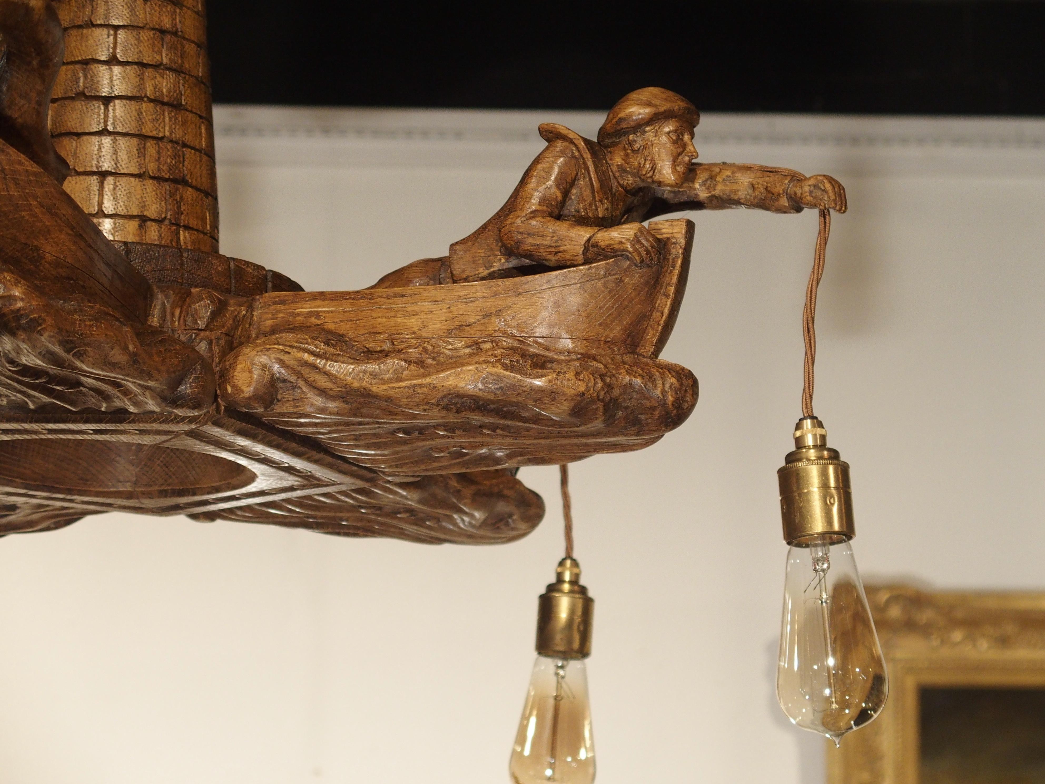 Charming and Unusual Oak 'Lost Fishermen' Chandelier from St. Malo, Brittany 3