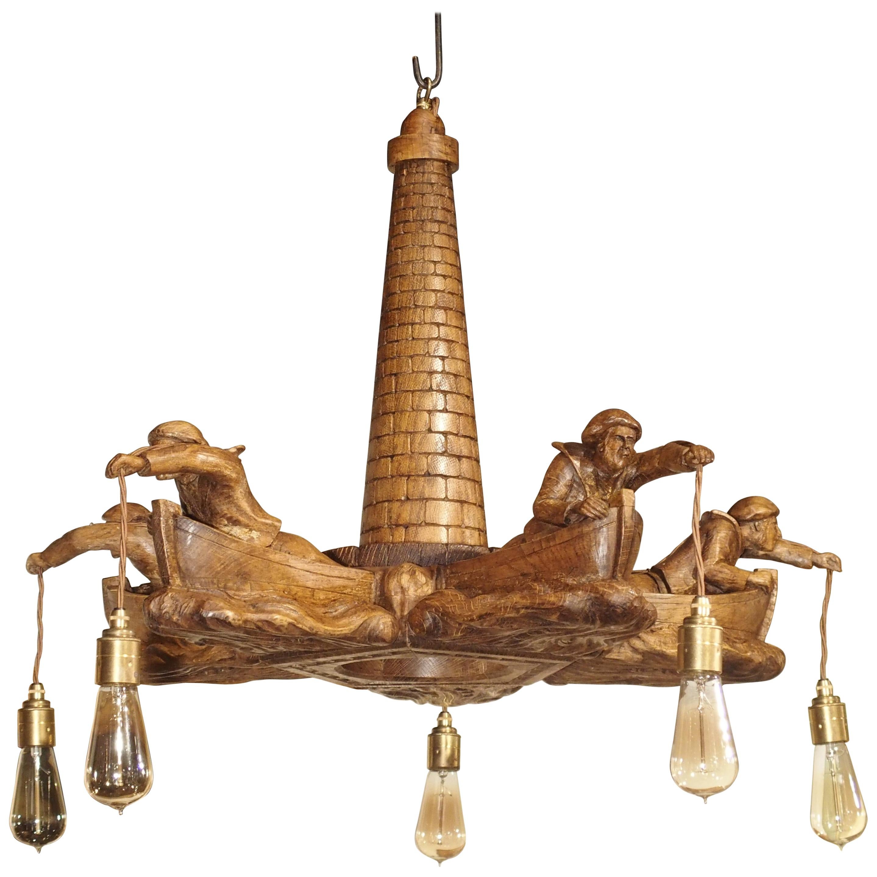 Charming and Unusual Oak 
Lost Fishermen
 Chandelier from St. Malo, Brittany