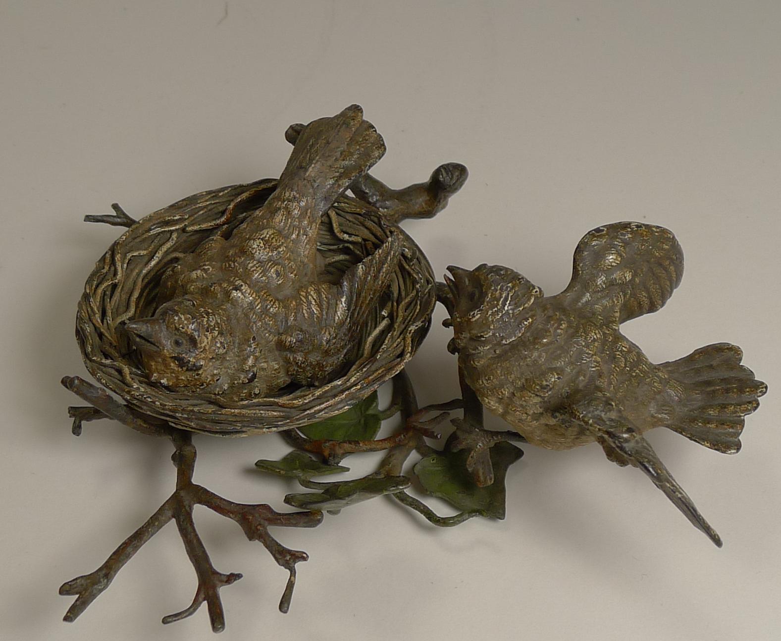 Cold-Painted Charming Antique Austrian Cold Painted Bronze, Birds and Birds Nest, circa 1900