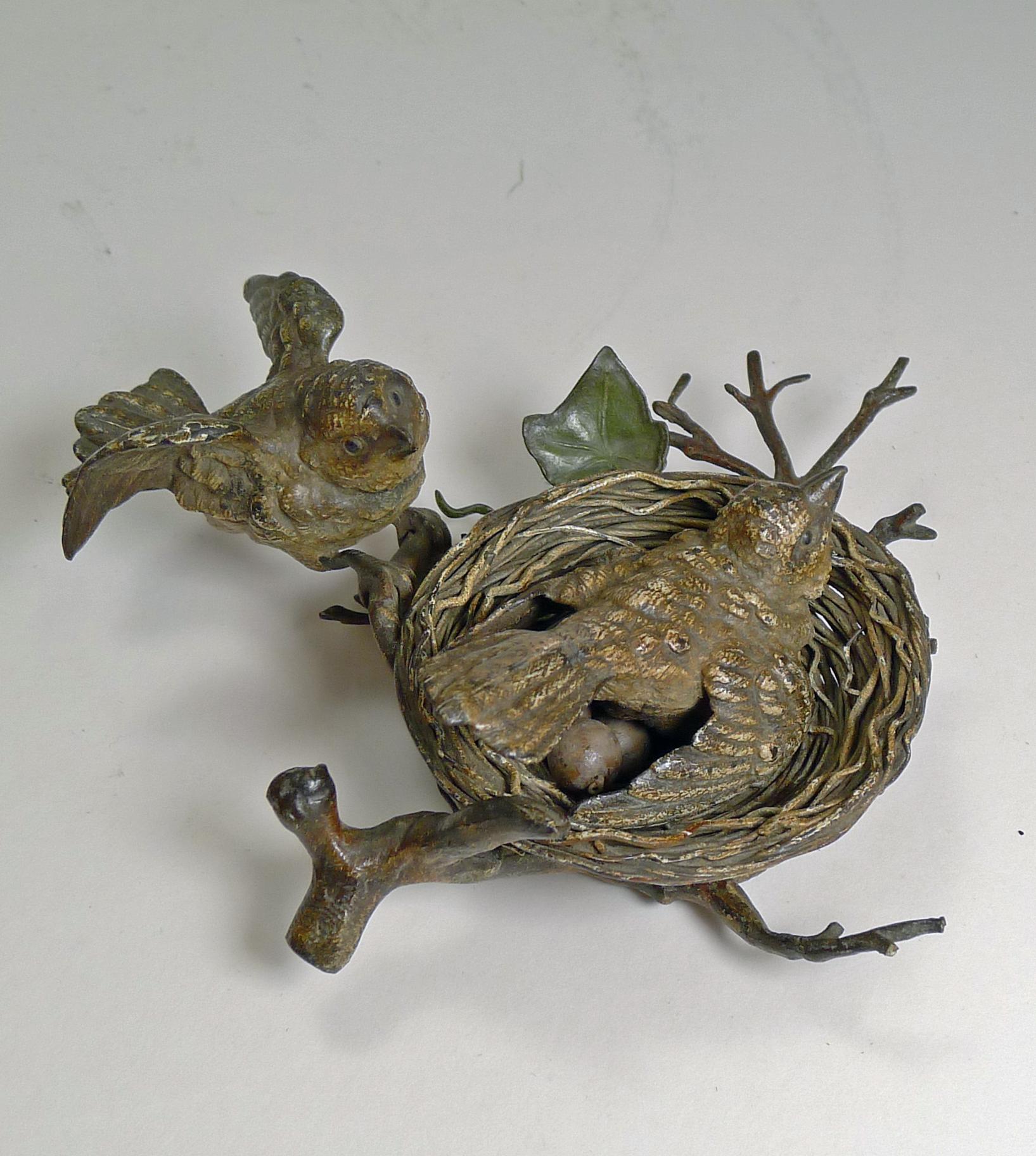 Charming Antique Austrian Cold Painted Bronze, Birds and Birds Nest, circa 1900 In Good Condition In Bath, GB