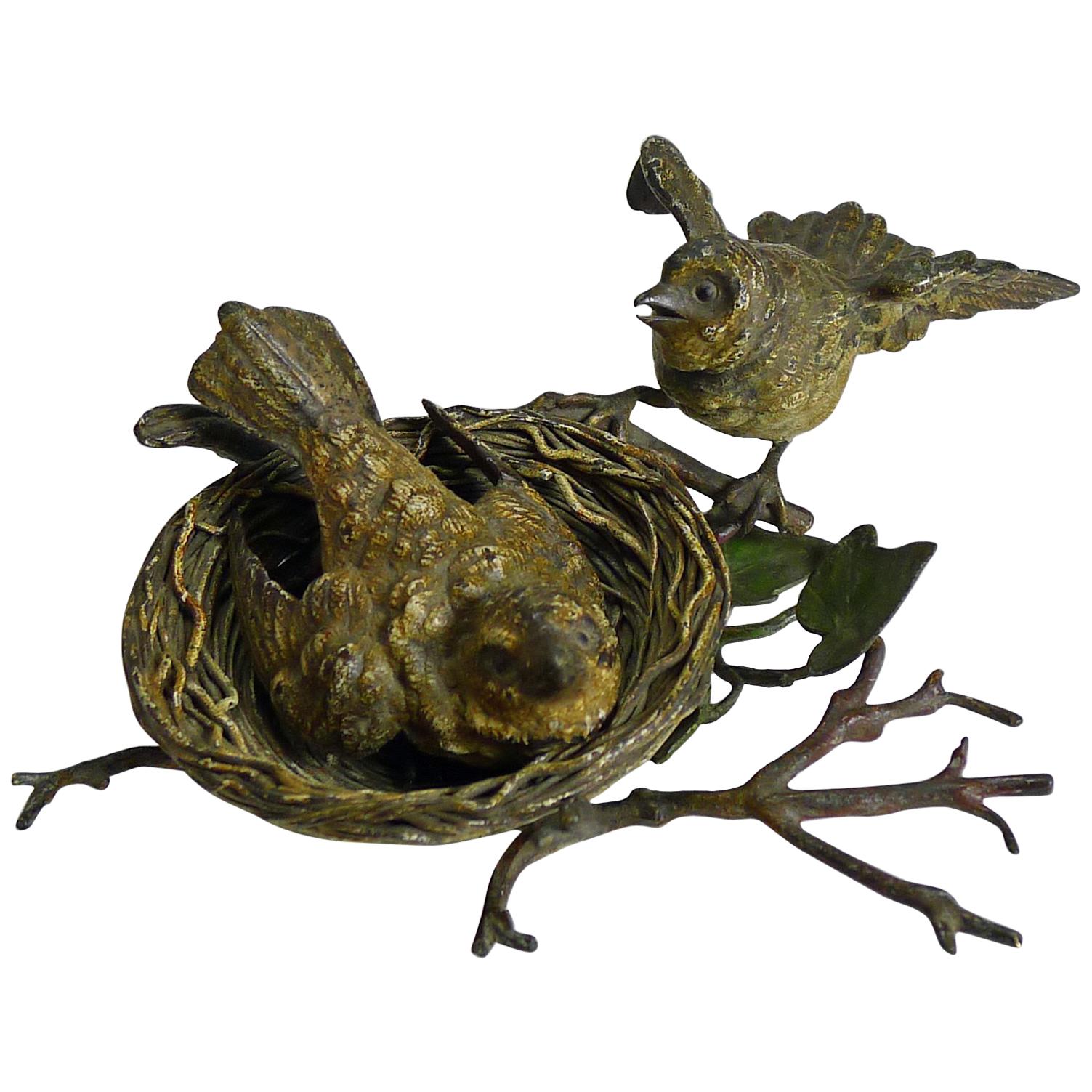 Charming Antique Austrian Cold Painted Bronze, Birds and Birds Nest, circa 1900