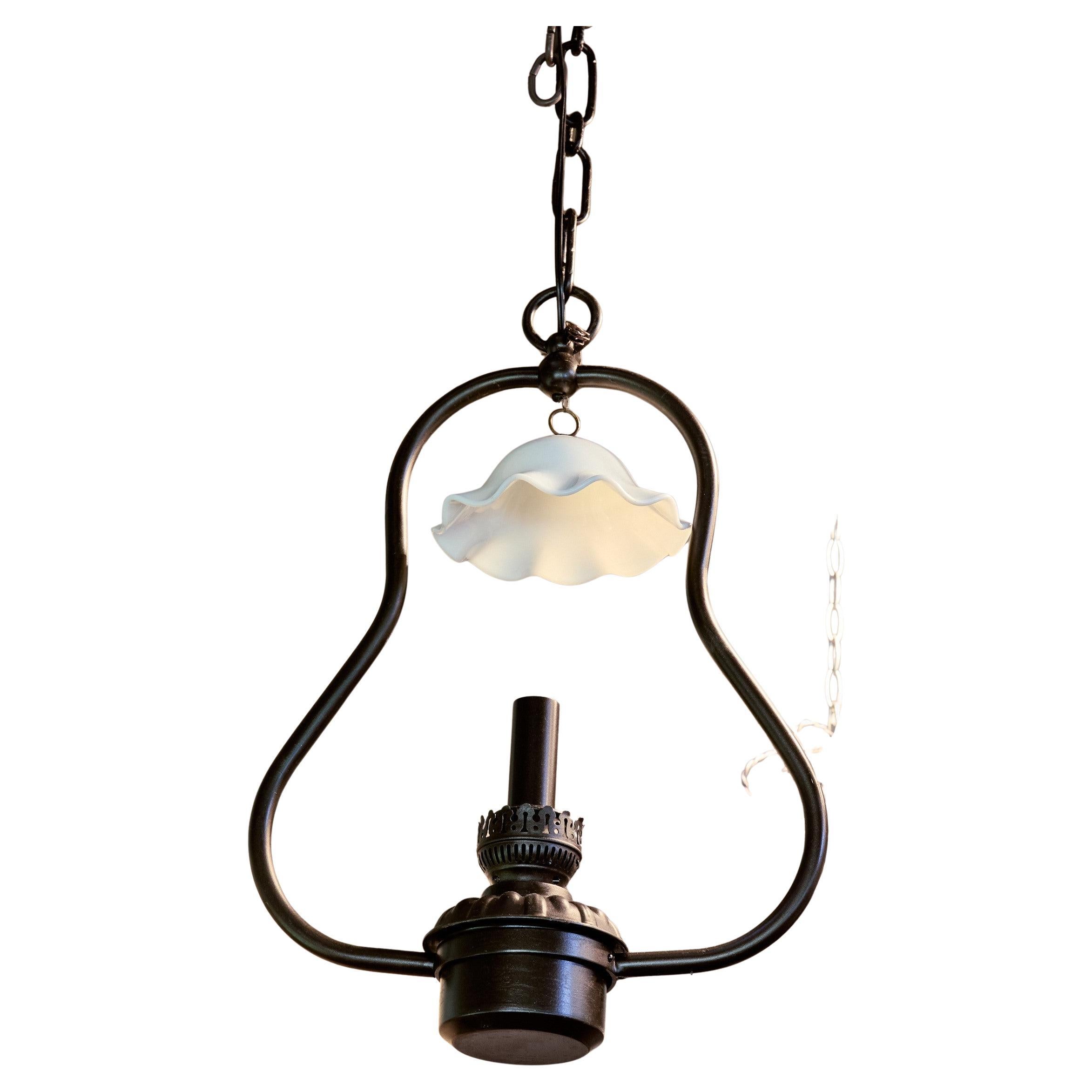 Charming Antique Brass Hall light with Milk Glass Smoke Bell For Sale