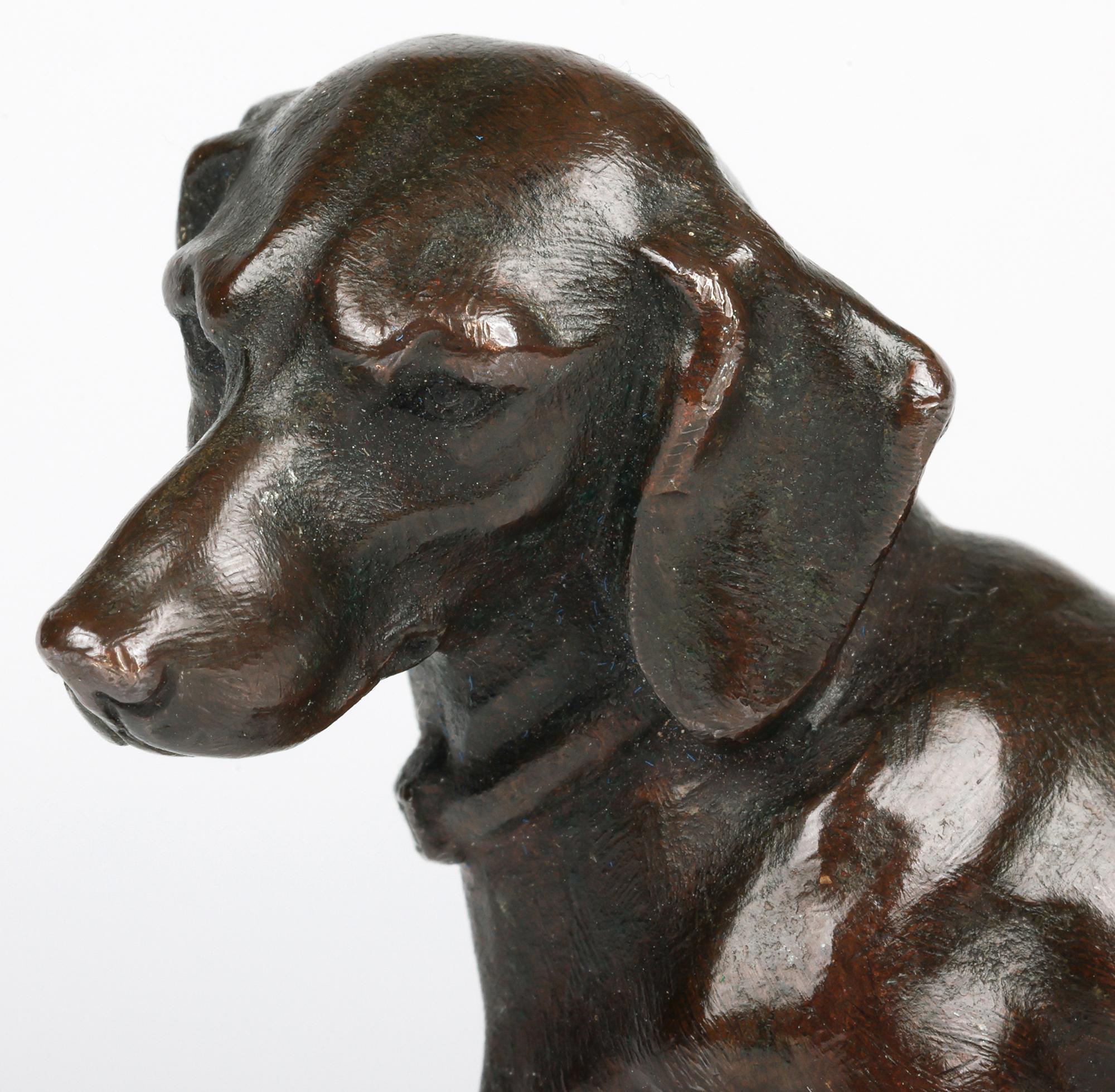 Un'incantevole figura antica in bronzo di un bassotto seduto, probabilmente austriaca e risalente alla seconda metà del XIX secolo. La scultura è splendidamente modellata e dettagliata e ritrae il bassotto, che indossa un collare, appoggiato sulle