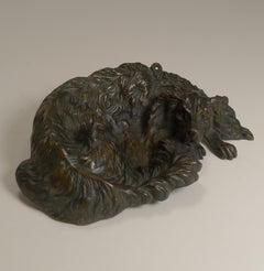 Charming Antique Bronze Vide Poche/Dish, Dog With Glass Eyes