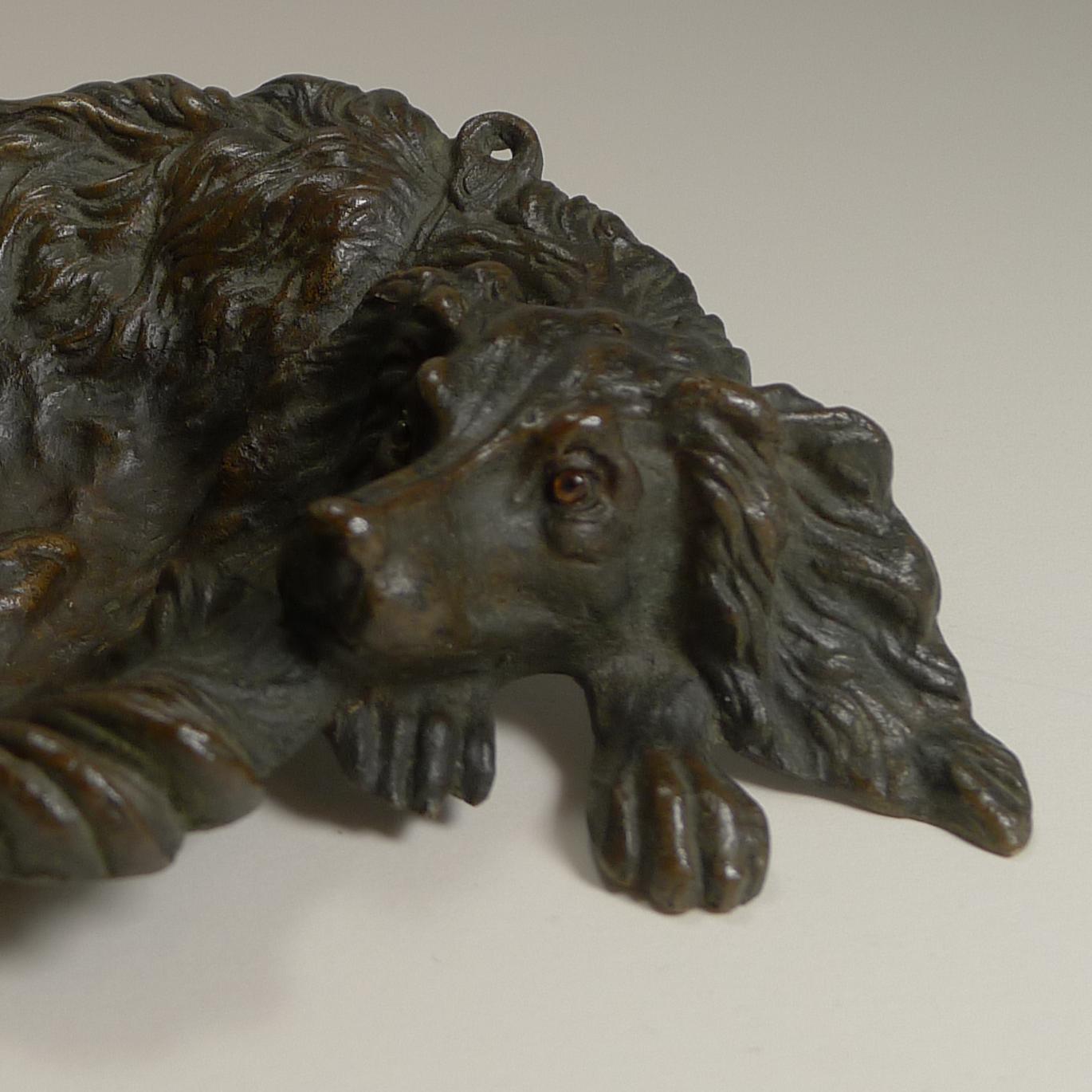 Austrian Charming Antique Bronze Vide Poche/Dish, Dog With Glass Eyes