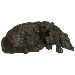 Charming Antique Bronze Vide Poche/Dish, Dog With Glass Eyes