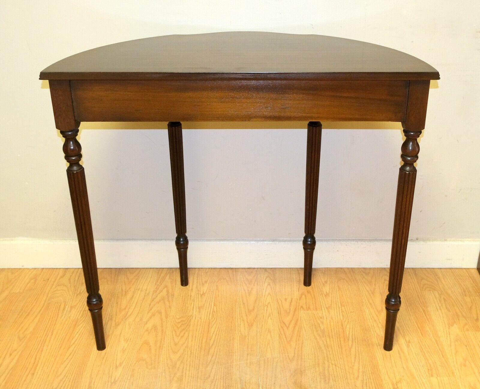 Charming Antique Brown Hardwood Demi Lune Console Table with Single Drawer 4