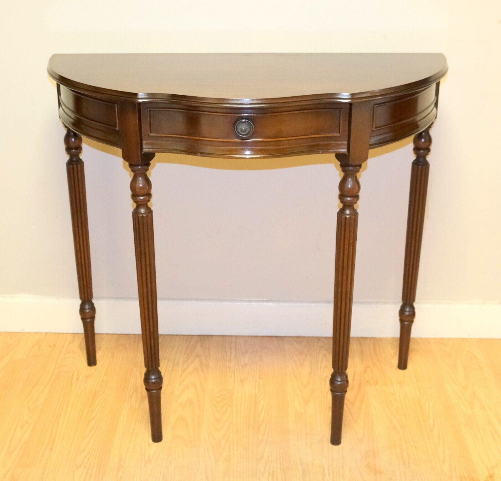 Charming Antique Brown Hardwood Demi Lune Console Table with Single Drawer 7