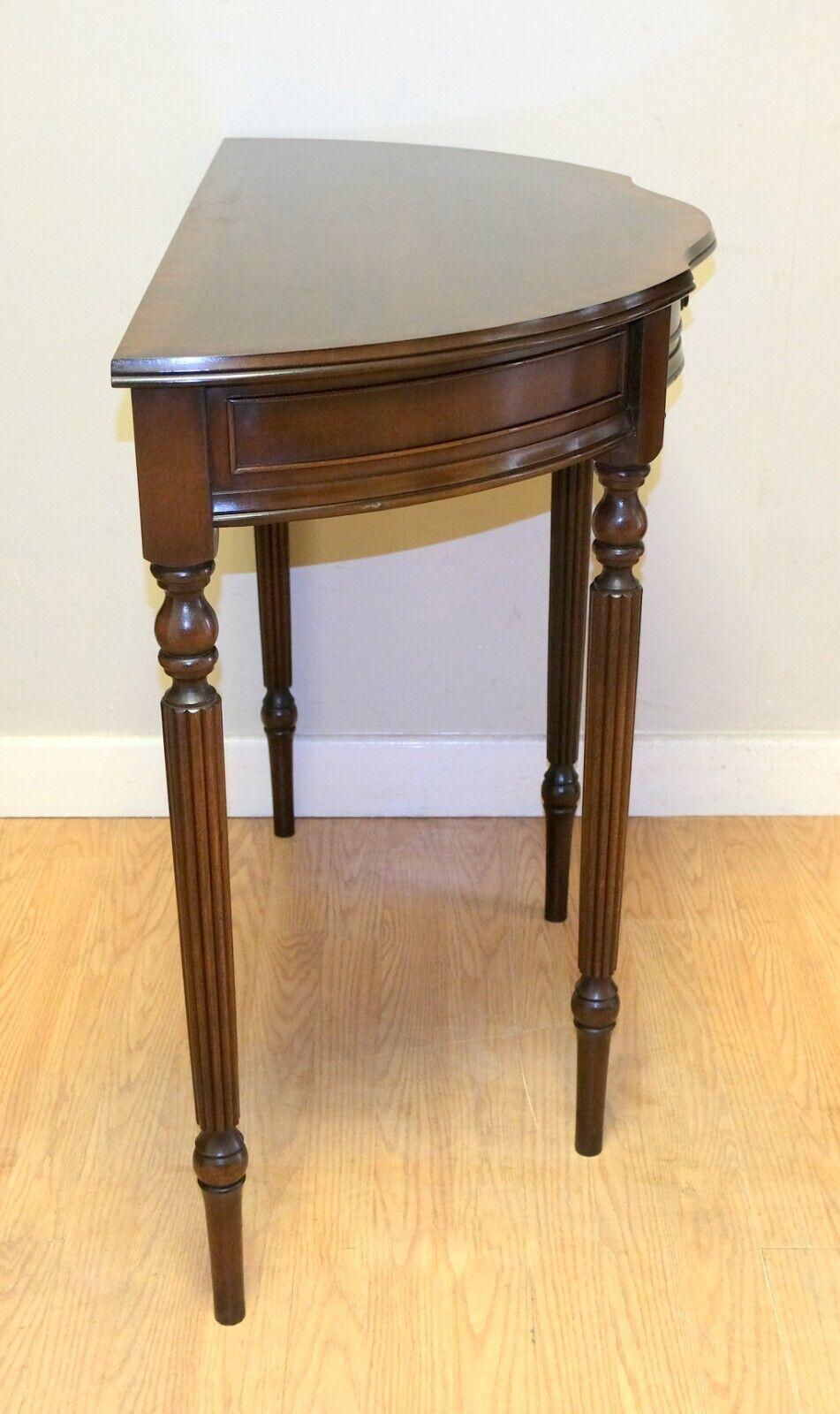 Charming Antique Brown Hardwood Demi Lune Console Table with Single Drawer 2