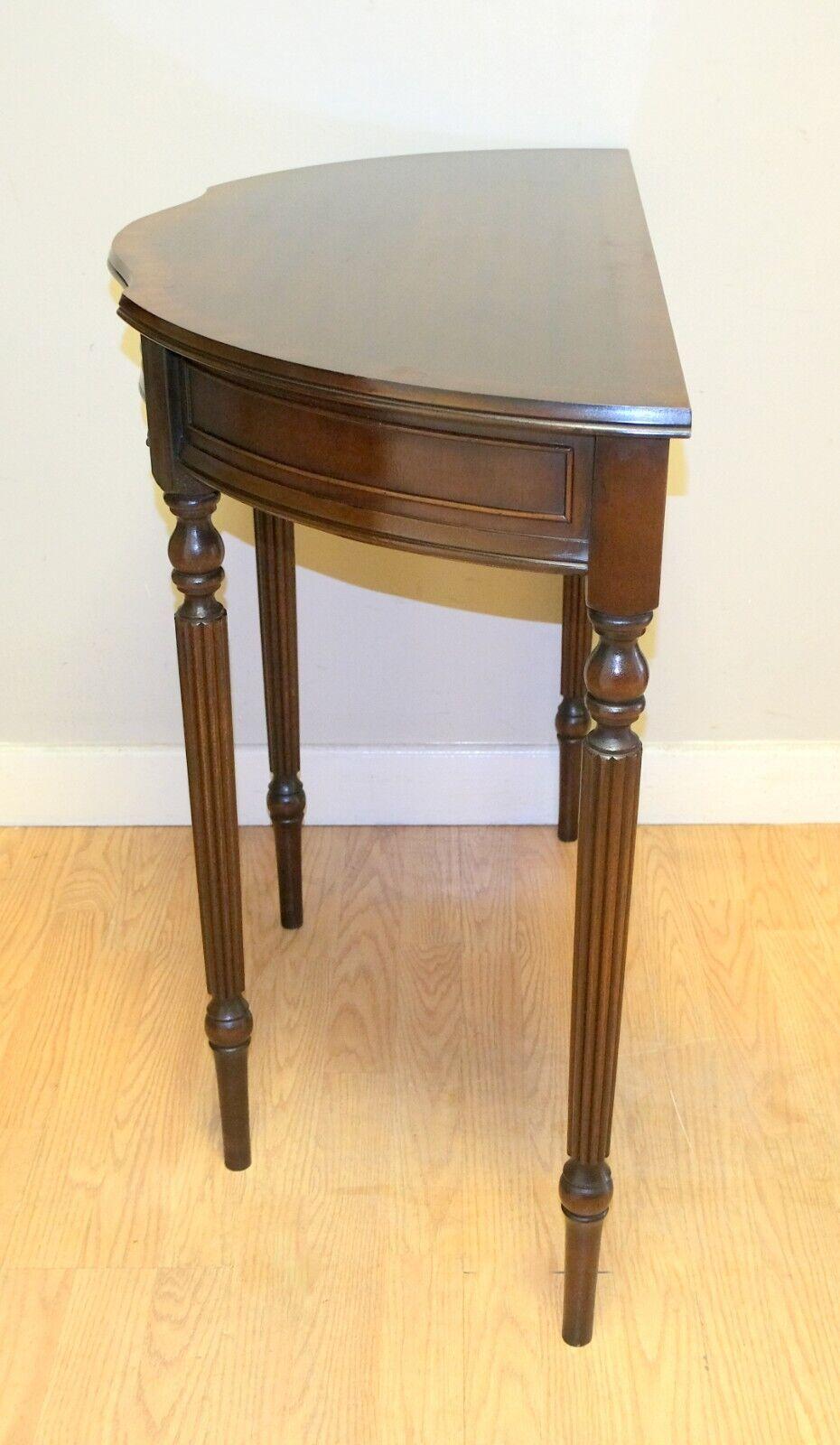 Charming Antique Brown Hardwood Demi Lune Console Table with Single Drawer 3