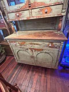 Charming Antique Celadon Green Painted Distressed Stepback Cupboard Cabinet