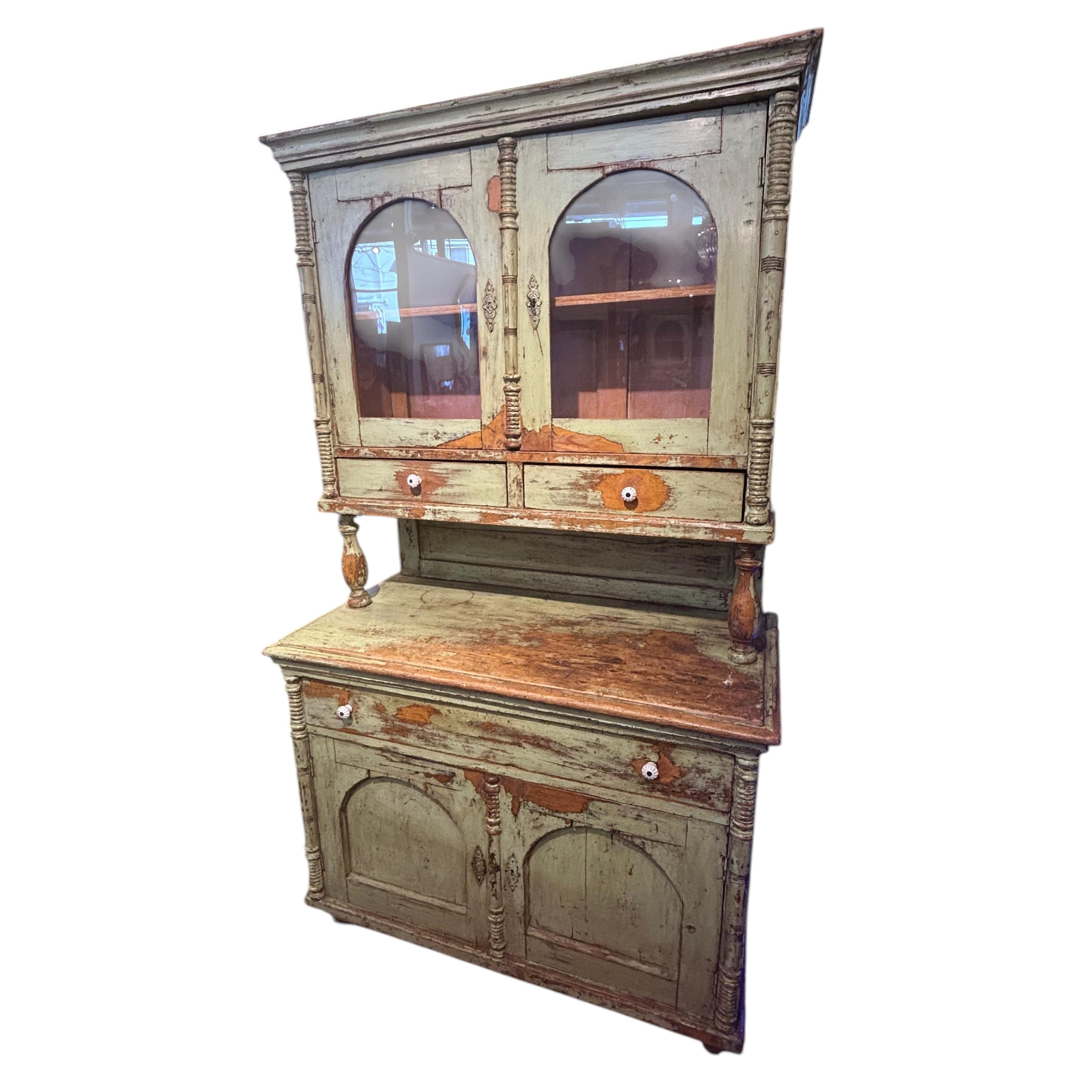 Charming Antique Celadon Green Painted Distressed Stepback Cupboard Cabinet