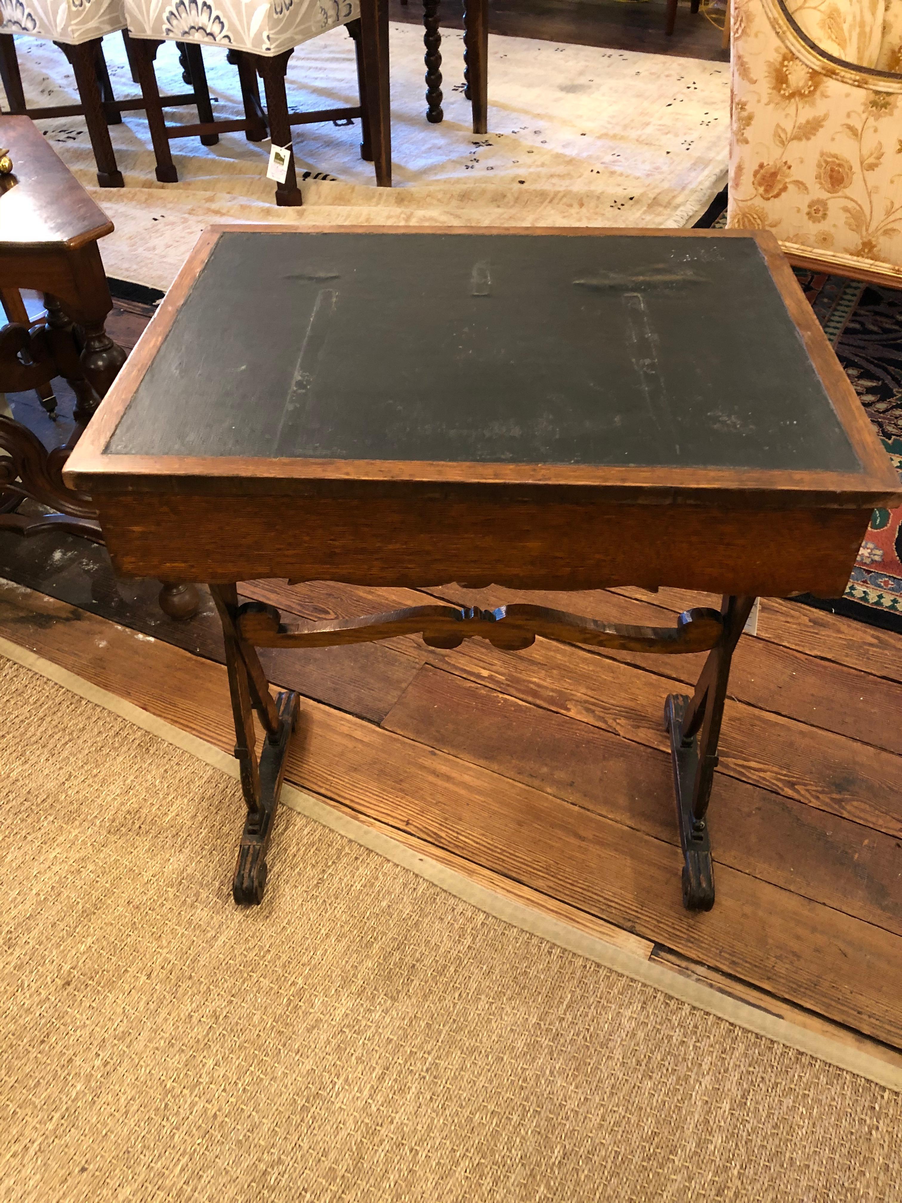 Charming Antique English Carved Oak End Table with Crown and Black Glass Top For Sale 12