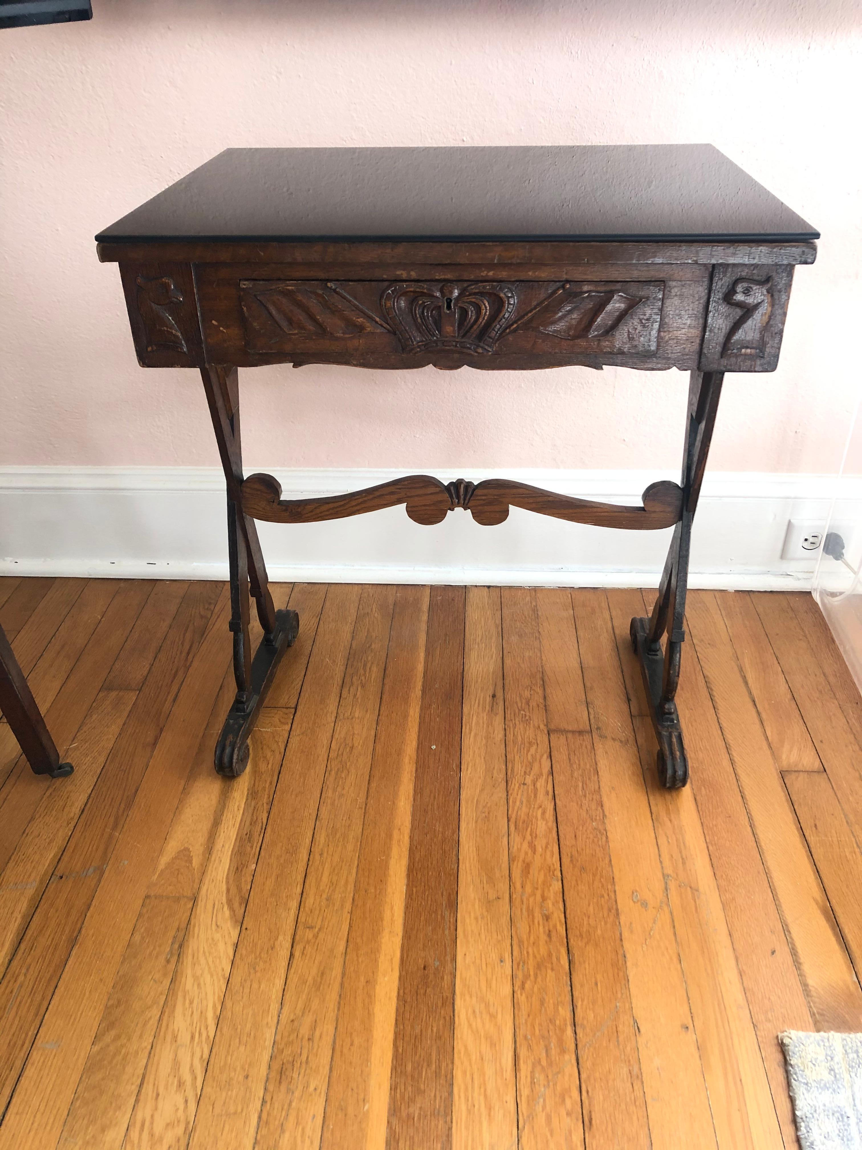Campaign Charming Antique English Carved Oak End Table with Crown and Black Glass Top For Sale