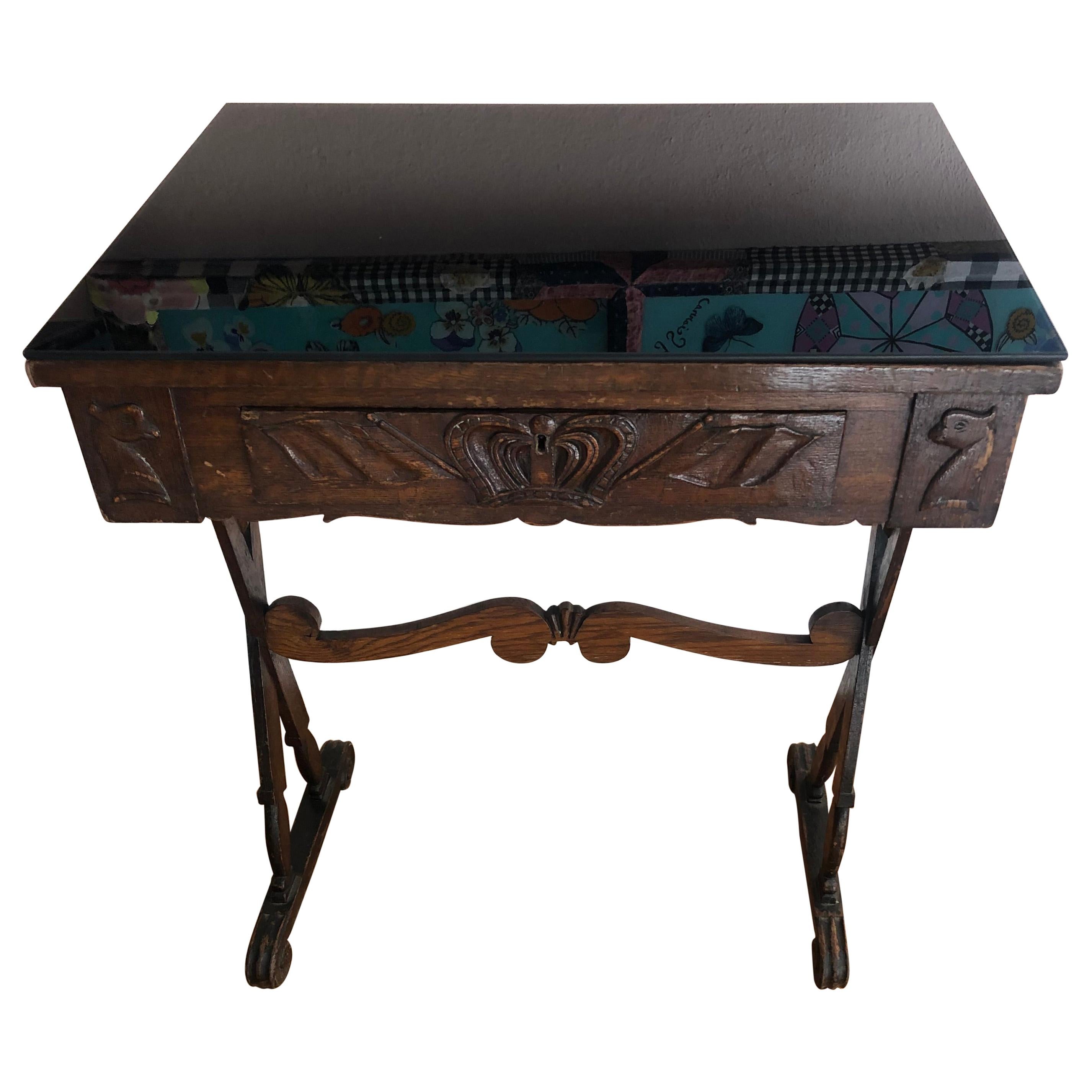 Charming Antique English Carved Oak End Table with Crown and Black Glass Top