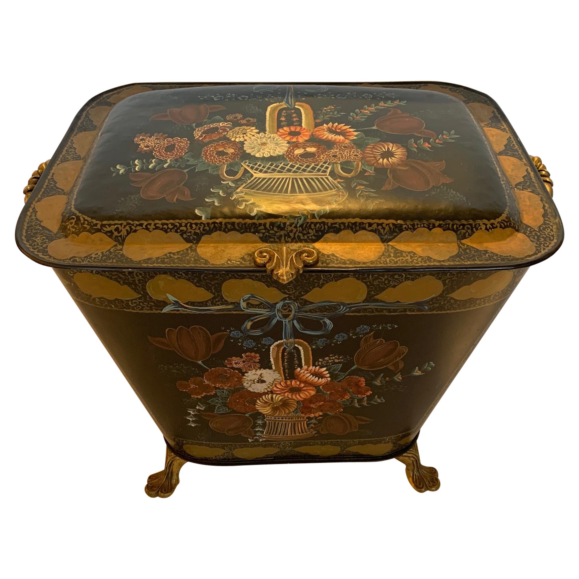 Charming Antique French Tole and Brass Hand Painted Coal Scuttle For Sale