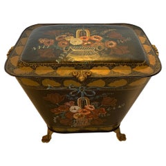 Charming Retro French Tole and Brass Hand Painted Coal Scuttle