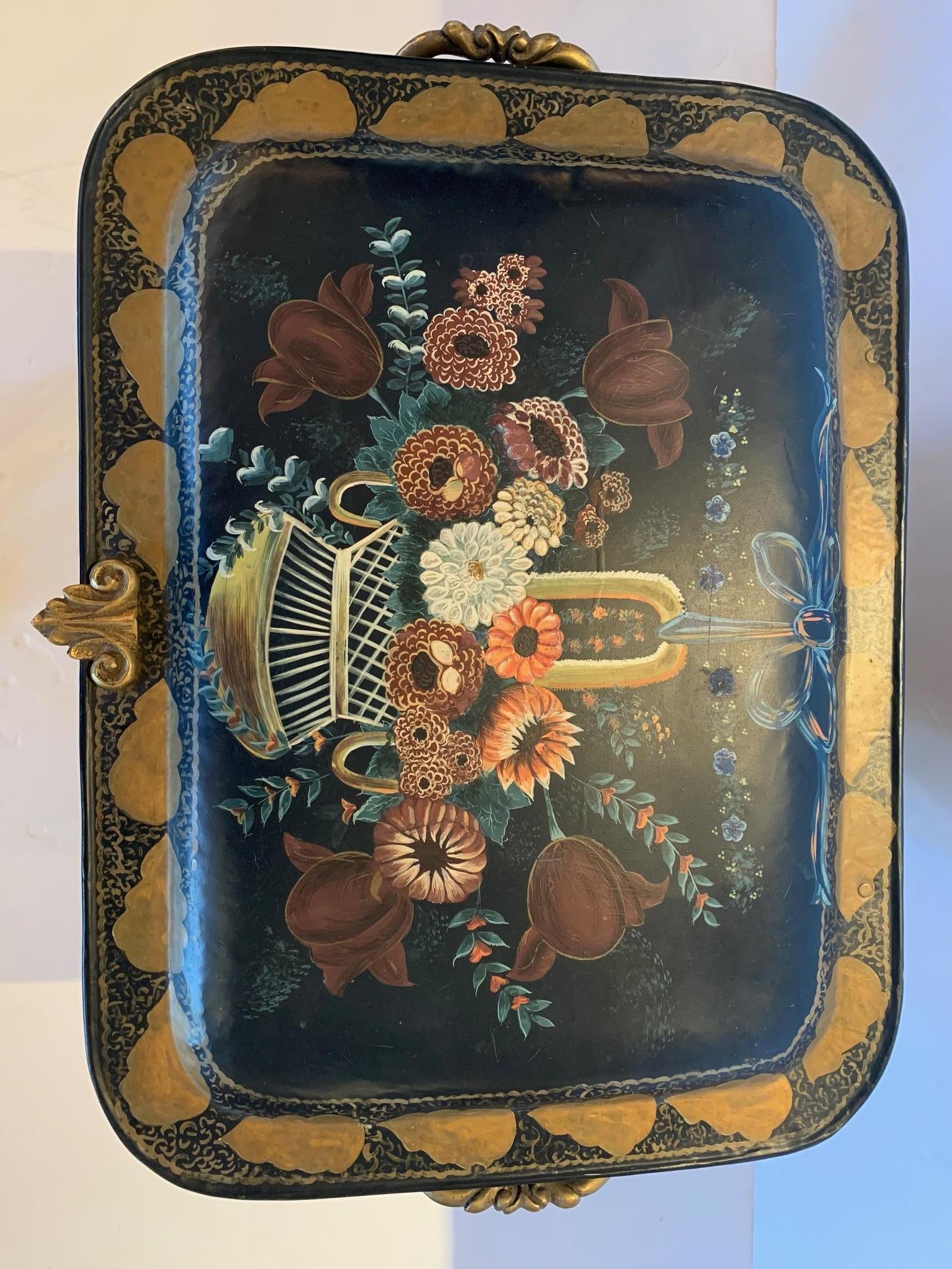 Early 20th Century Charming Antique French Tole and Brass Hand Painted Coal Scuttle For Sale