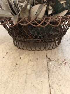 Charming Antique French Wire Basket Planter with Decorative Tole Leaves