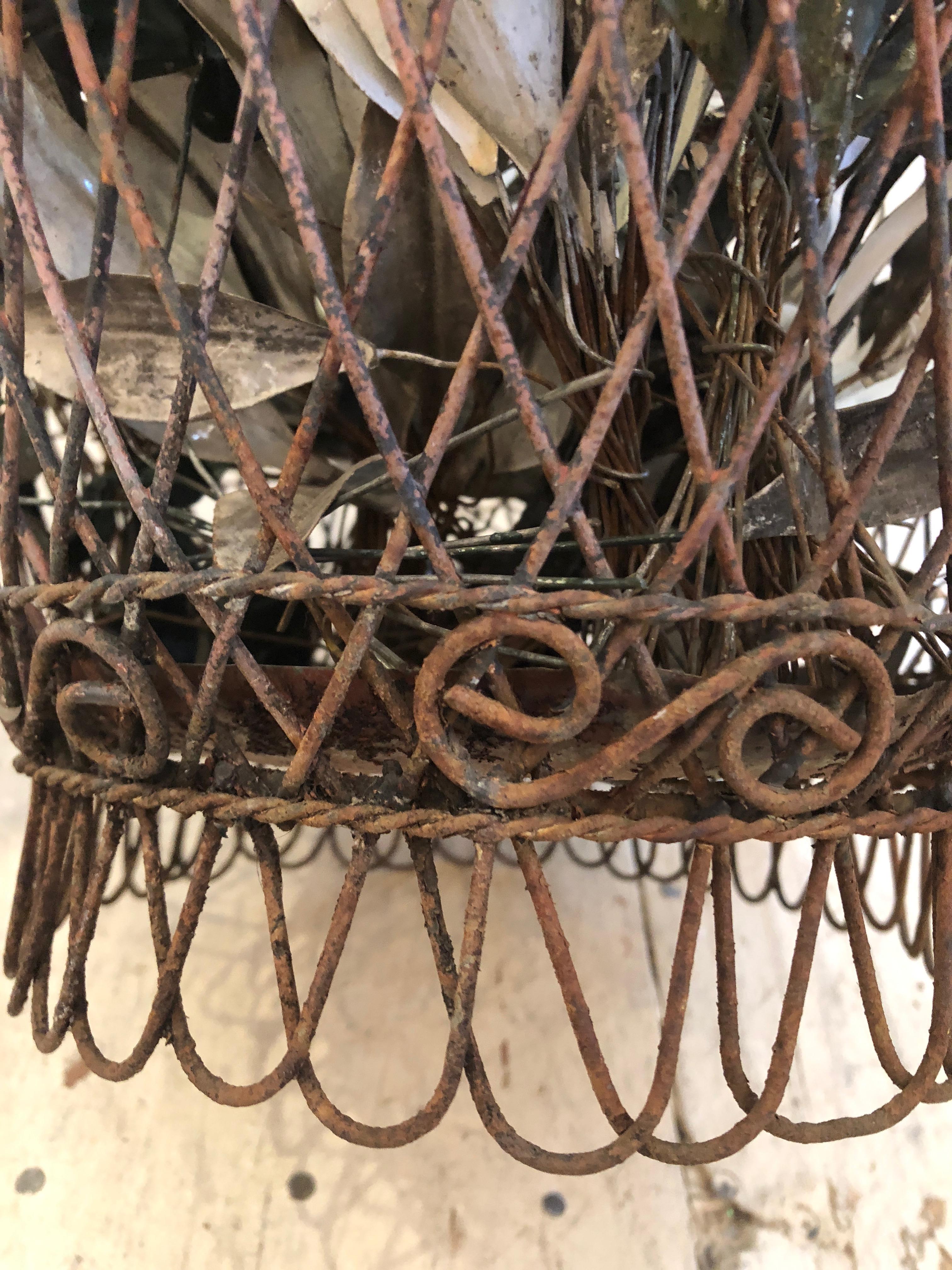 Charming Antique French Wire Basket Planter with Decorative Tole Leaves In Distressed Condition For Sale In Hopewell, NJ