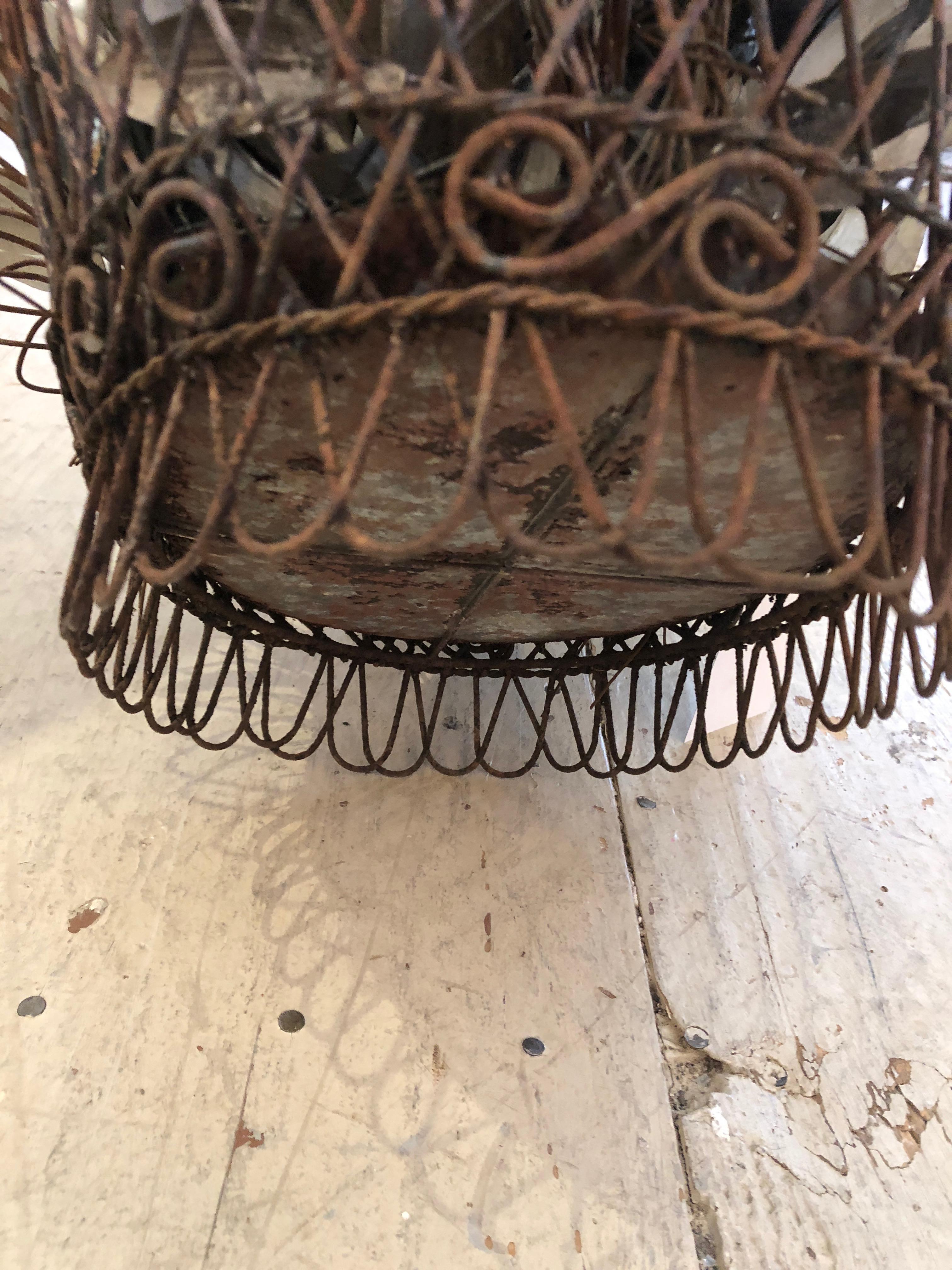 19th Century Charming Antique French Wire Basket Planter with Decorative Tole Leaves For Sale