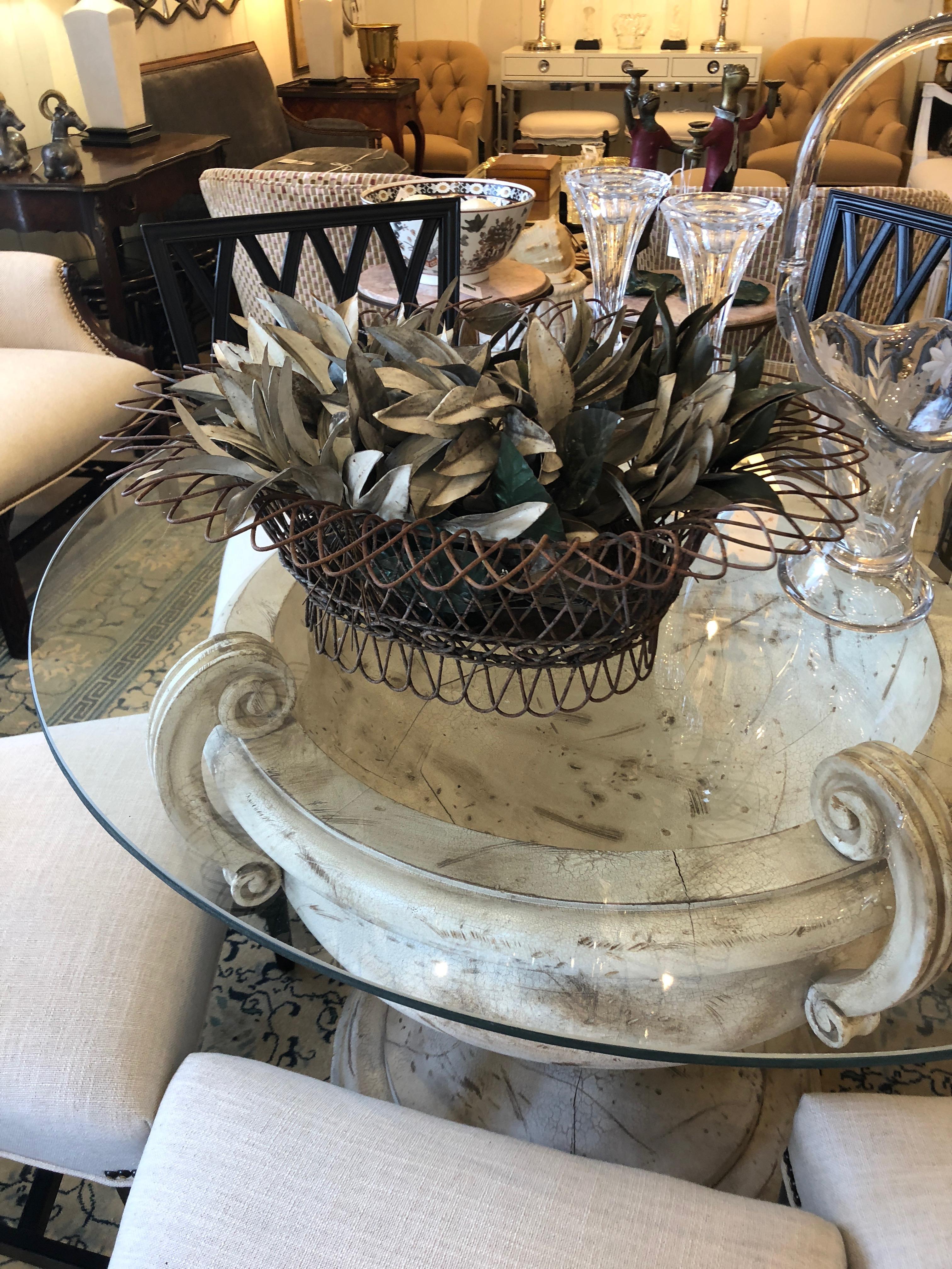 Metal Charming Antique French Wire Basket Planter with Decorative Tole Leaves For Sale