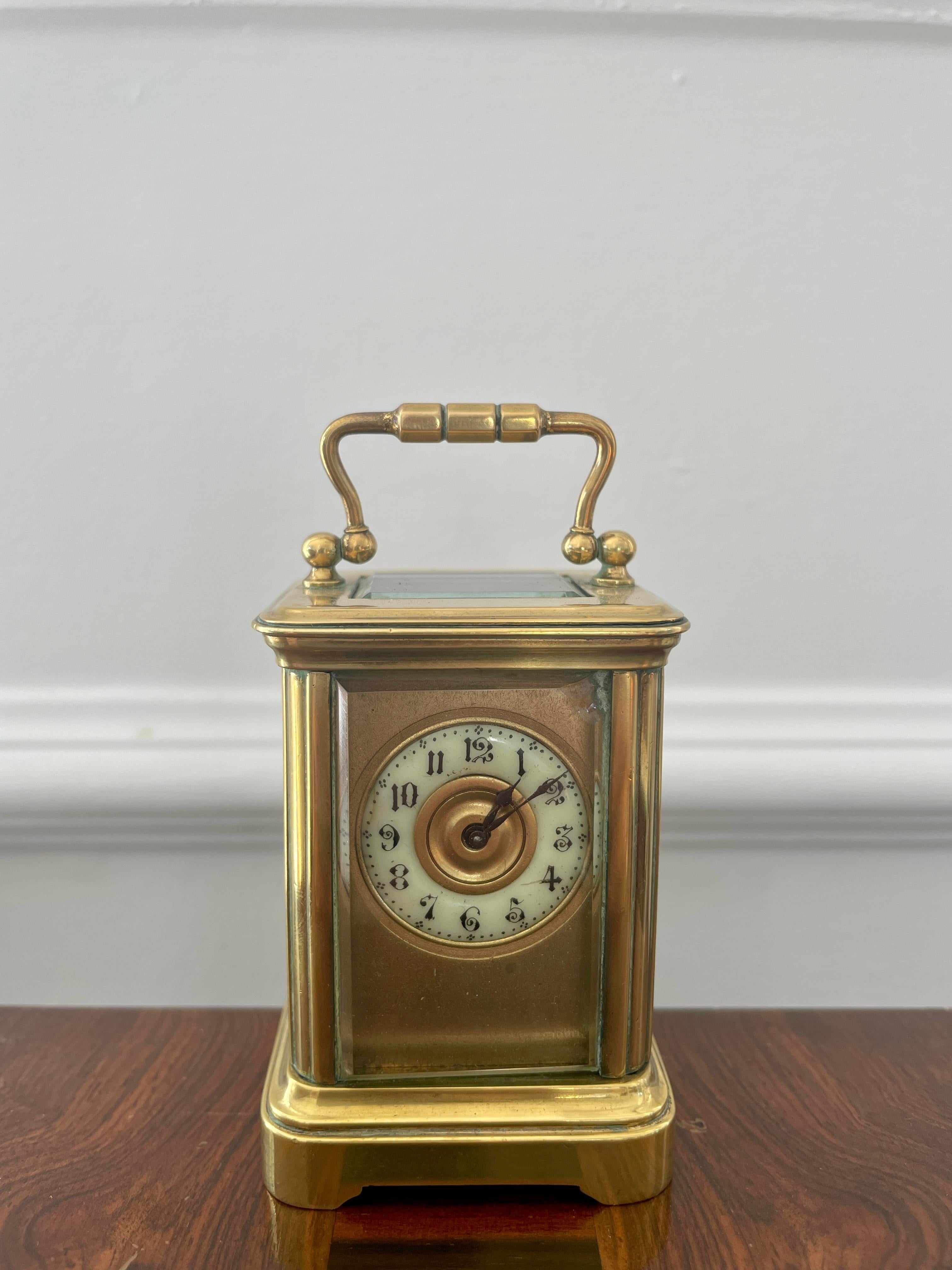 English Charming Antique Lacquered Brass Cased Carriage Clock