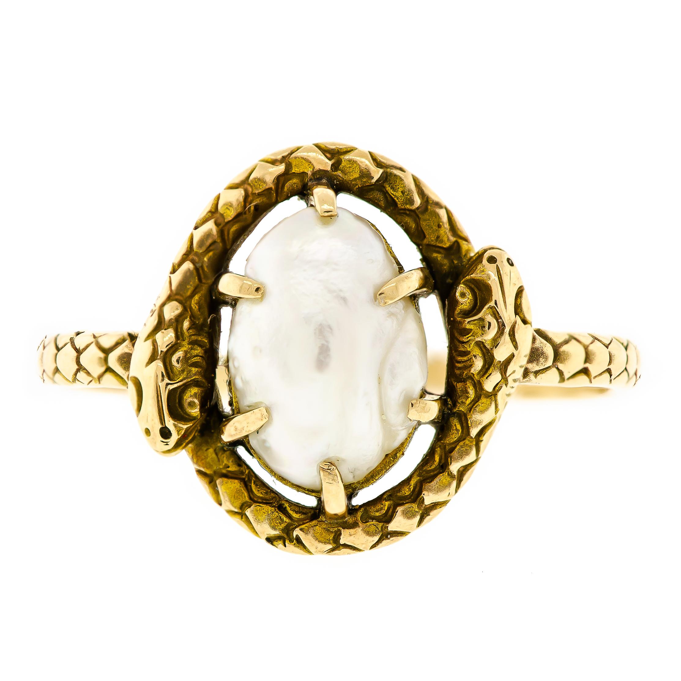 Charming Antique Pearl and Yellow Gold Double Snake Ring For Sale