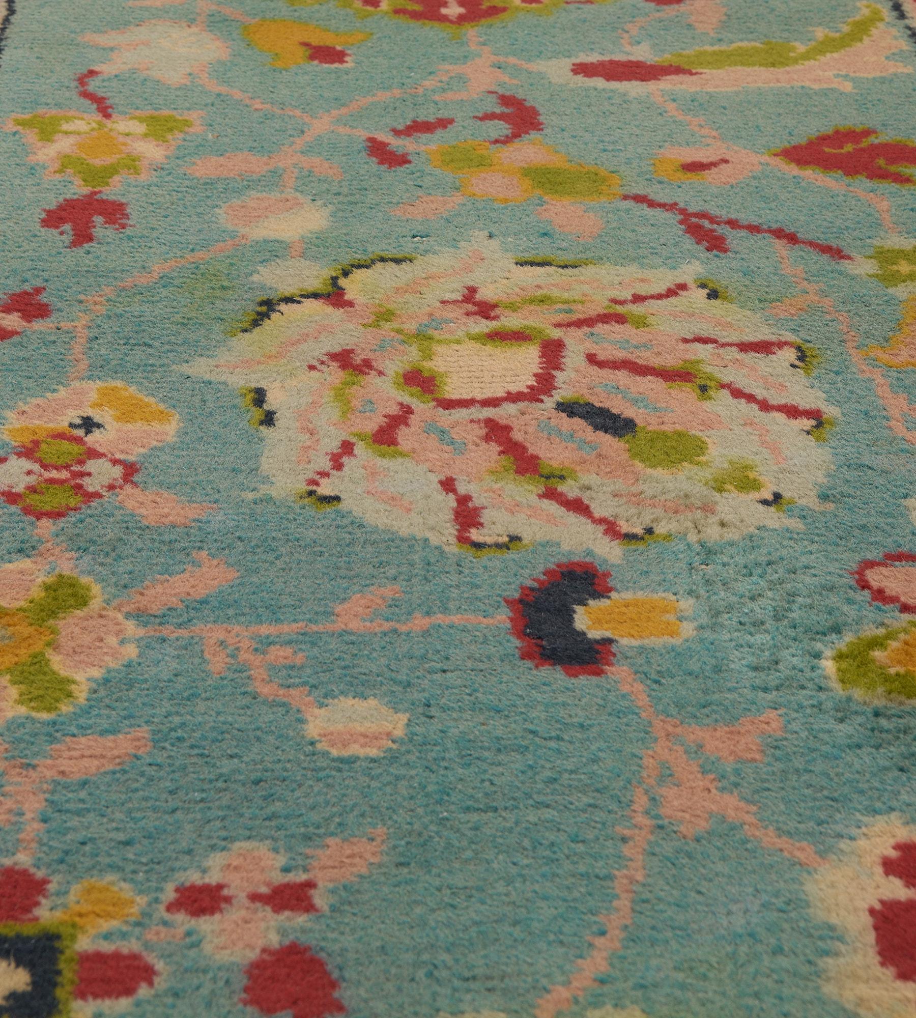Hand-Knotted Charming Antique Turquoise Floral Irish Donegal Runner For Sale