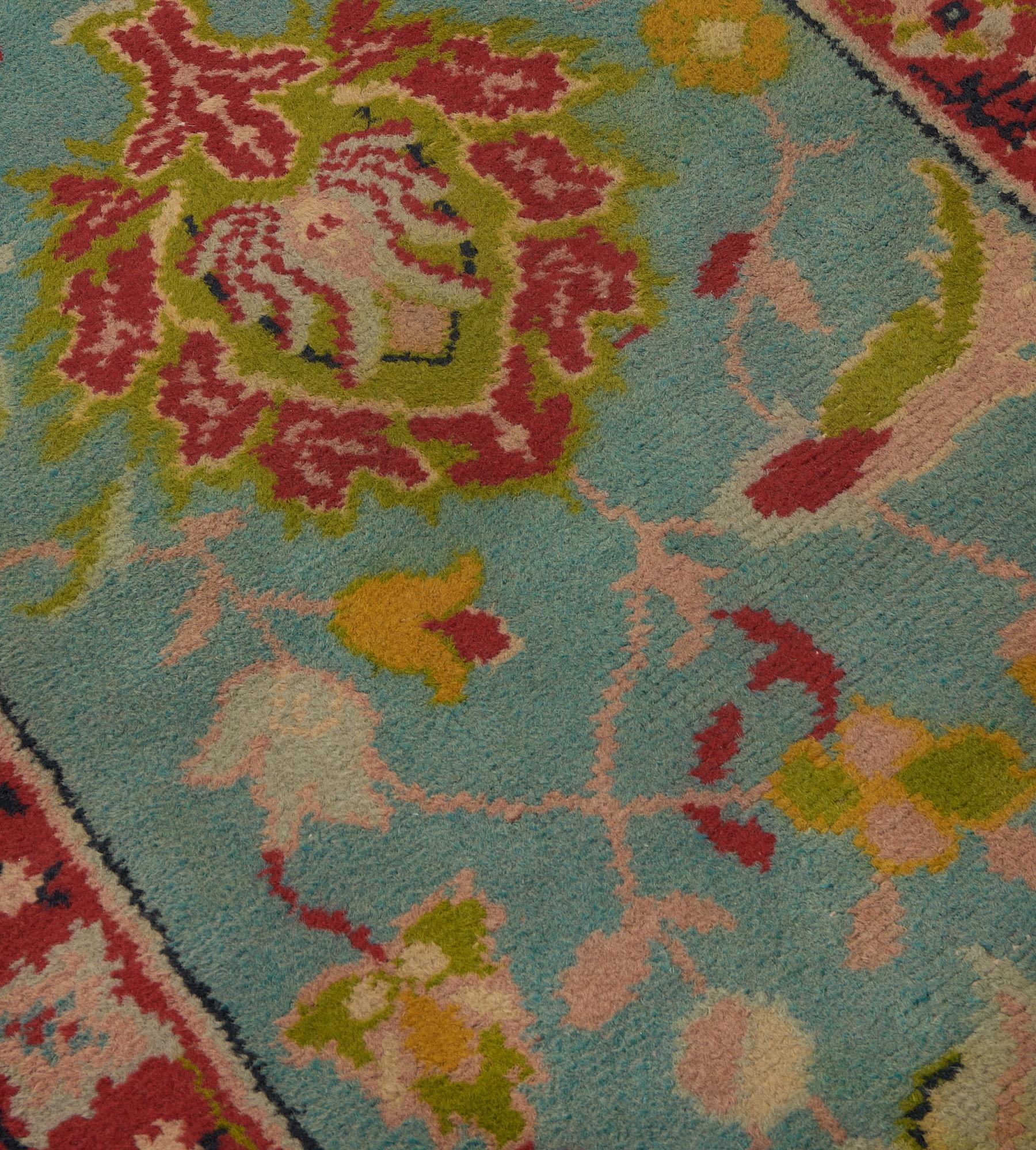 Charming Antique Turquoise Floral Irish Donegal Runner In Good Condition For Sale In West Hollywood, CA