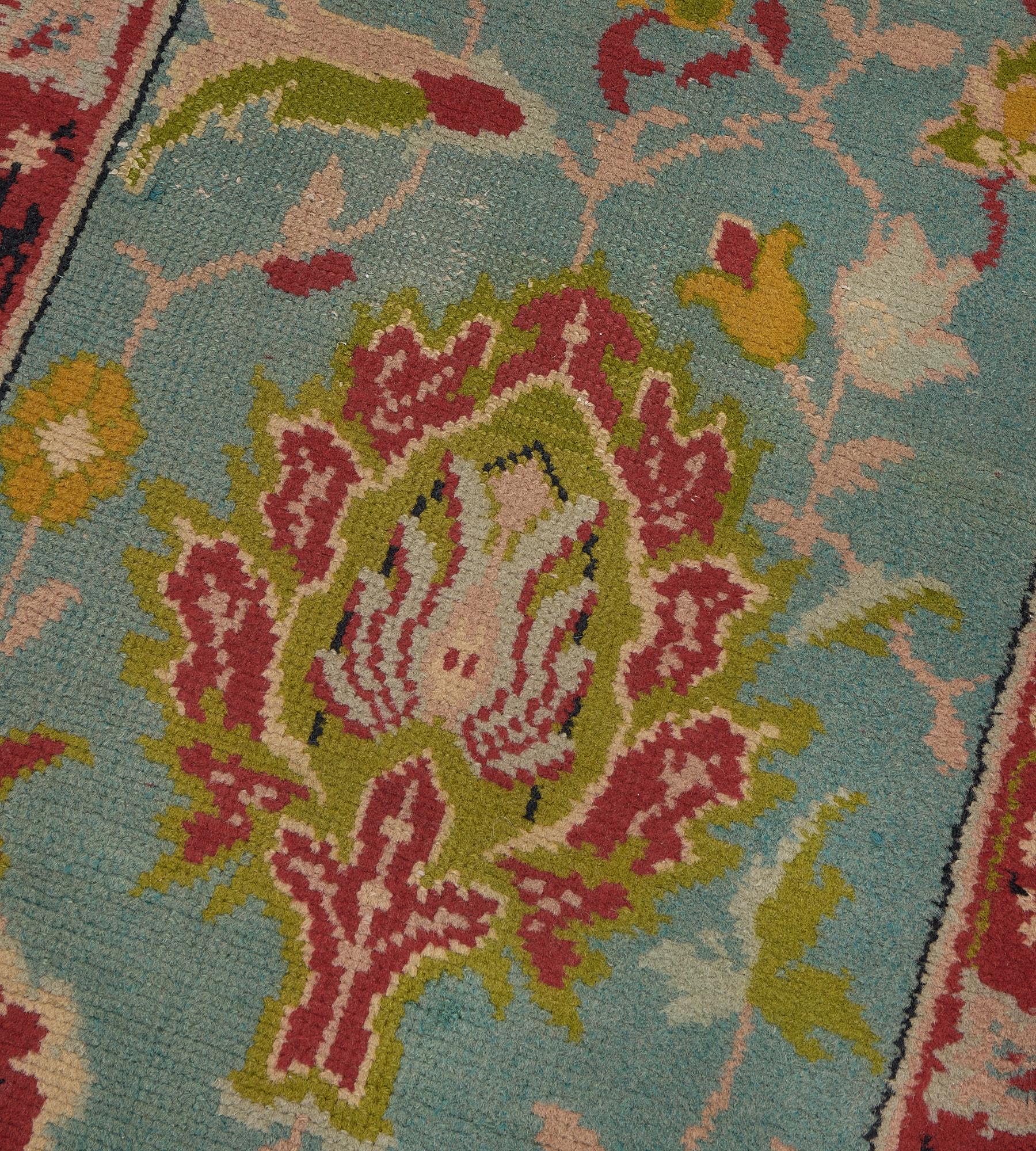 19th Century Charming Antique Turquoise Floral Irish Donegal Runner For Sale