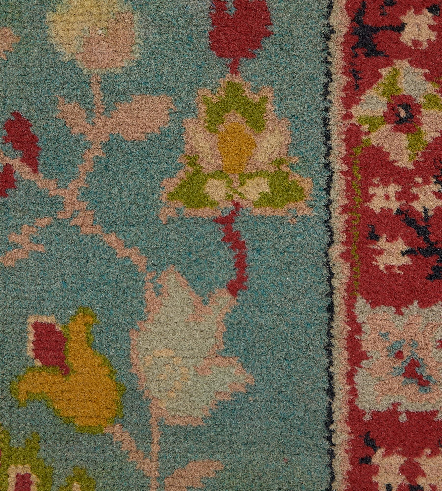 Wool Charming Antique Turquoise Floral Irish Donegal Runner For Sale