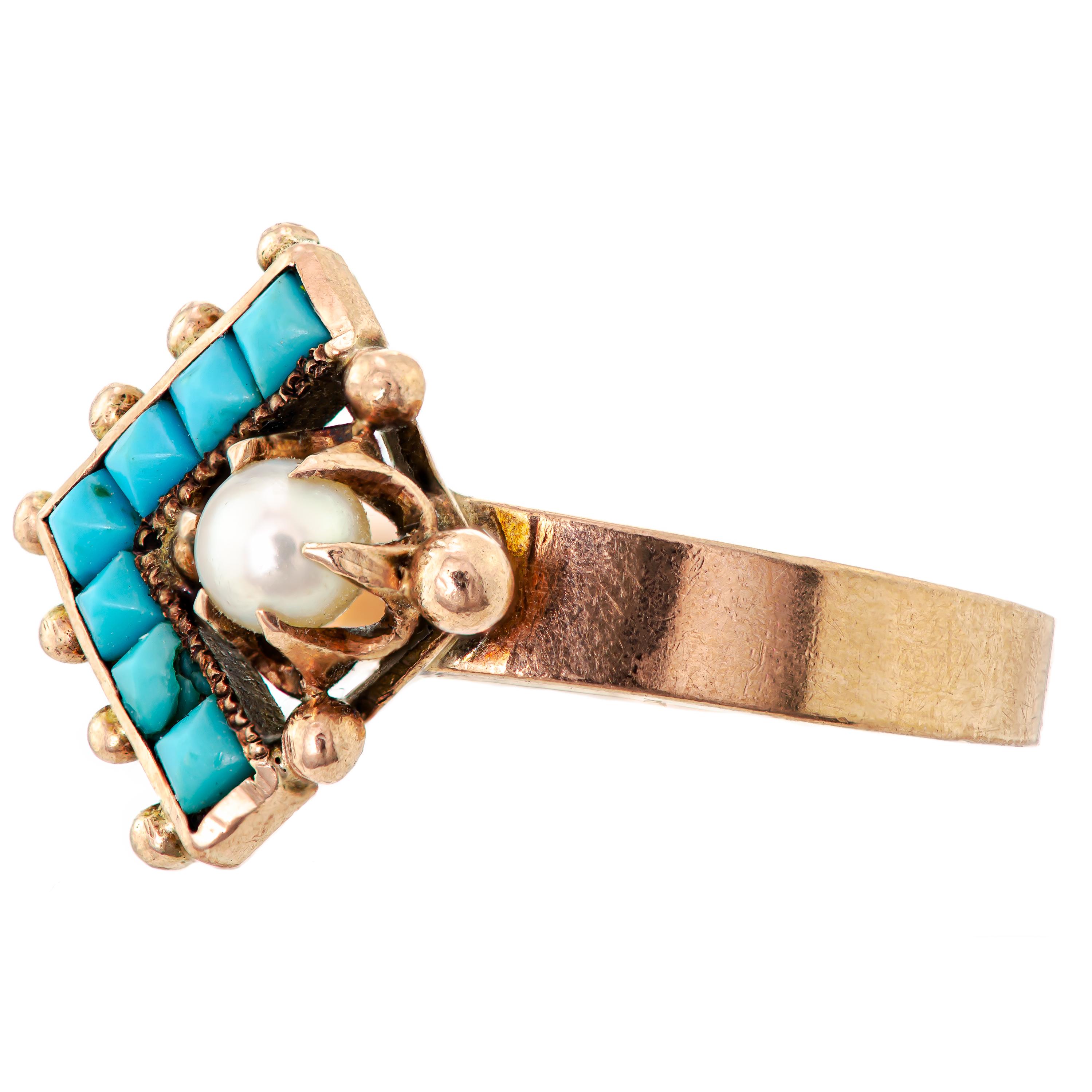 Victorian Charming Antique Turquoise Pearl Rose Gold Ring For Sale