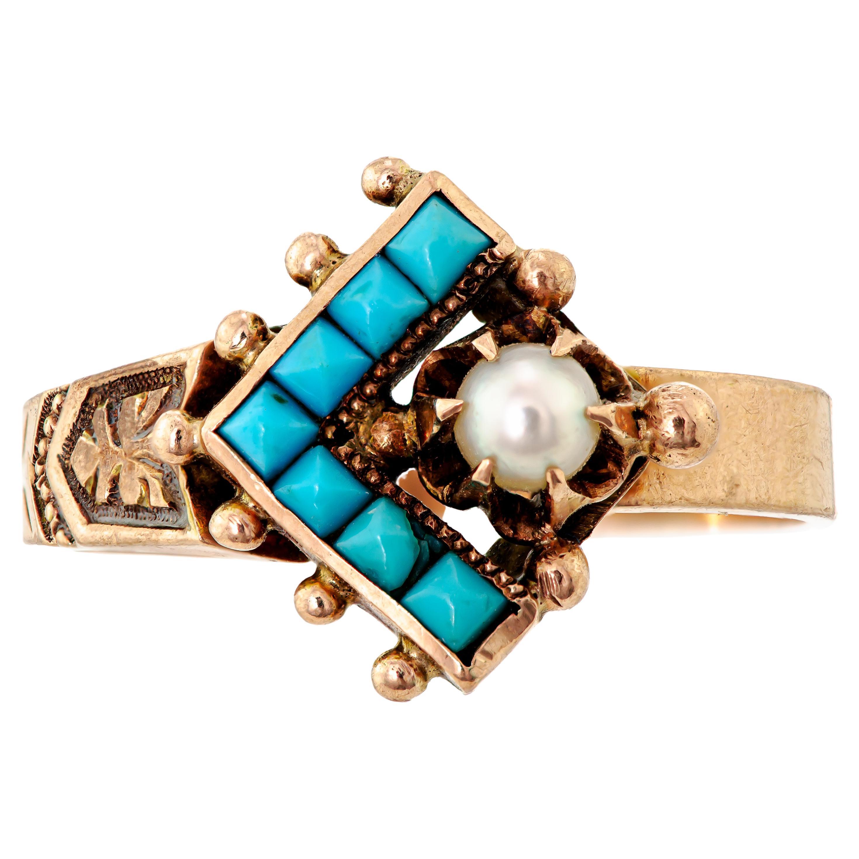 Charming Antique Turquoise Pearl Rose Gold Ring